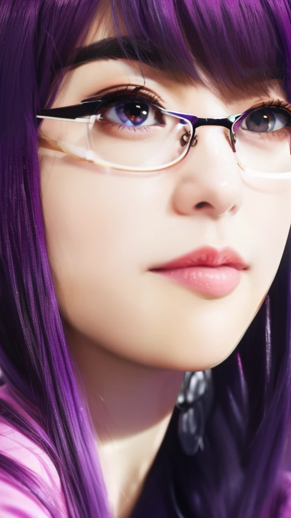 anime girl with glasses staring at camera with a pink shirt, yayoi kasuma, anime visual of a young woman, kaoru mori, ilya kuvshinov with long hair, hinata hyuga, shiro takatani, ilya kuvshinov face, illustrious makinami, misato katsuragi, illya kuvshinov，wearing glasses，purple hair，wearing glasses，purple hair，wearing glasses，purple hair，wearing glasses，purple hair