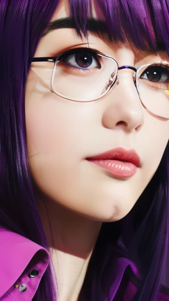 anime girl with glasses staring at camera with a pink shirt, yayoi kasuma, anime visual of a young woman, kaoru mori, ilya kuvshinov with long hair, hinata hyuga, shiro takatani, ilya kuvshinov face, illustrious makinami, misato katsuragi, illya kuvshinov,wearing glasses,purple hair,wearing glasses,purple hair,wearing glasses,purple hair,wearing glasses,purple hair