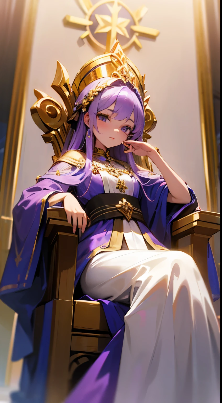 A beautiful Slavic queen of heaven sitting on the throne,bold and majestic look, lavender hair honey colored eyes