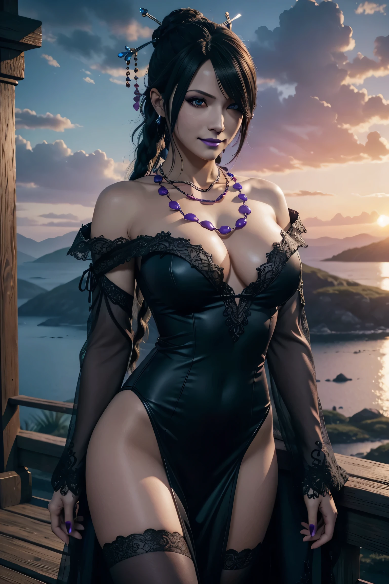 Lulu,Final Fantasy 10,FF10,Kurokami,one length,Let down one side of your bangs,hide one eye,beautiful purple eyes,white skin,purple lips,black fur long dress,Black see-through blouse,black fishnet tights,Purple Necklace,super high quality,super high quality,masterpiece,digital single lens reflex,realistic,Detailed details,vivid details,depicted in detail,detailed face,Detailed details,Super detailed,realistic skin texture,based on anatomical basis,perfect anatomy,anatomically correct hand,anatomically correct fingers,Complex 3D rendering,sexy pose,beautiful purple rose field,Final Fantasy Worldview,Dark worldview,fantastic sunset,fantastic sunset,beauty like a painting,smile,