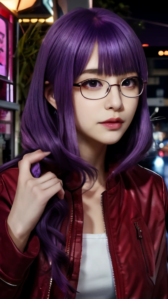 anime girl with glasses and a red jacket standing in front of a street light, illustrious makinami, ann takamaki from persona 5, miura, misato katsuragi, ( ( ( yoshinari yoh ) ) ), yayoi kasuma, juri misaki, miura kentaro style, ayami kojima amano，wearing glasses，purple hair，wearing glasses，purple hair，wearing glasses，purple hair，wearing glasses，purple hair，wearing glasses，purple hair，wearing glasses，purple hair，wearing glasses，purple hair，wearing glasses，purple hair，wearing glasses，purple hair