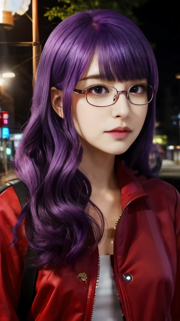 anime girl with glasses and a red jacket standing in front of a street light, illustrious makinami, ann takamaki from persona 5, miura, misato katsuragi, ( ( ( yoshinari yoh ) ) ), yayoi kasuma, juri misaki, miura kentaro style, ayami kojima amano，wearing glasses，purple hair，wearing glasses，purple hair，wearing glasses，purple hair，wearing glasses，purple hair，wearing glasses，purple hair，wearing glasses，purple hair，wearing glasses，purple hair，wearing glasses，purple hair，wearing glasses，purple hair