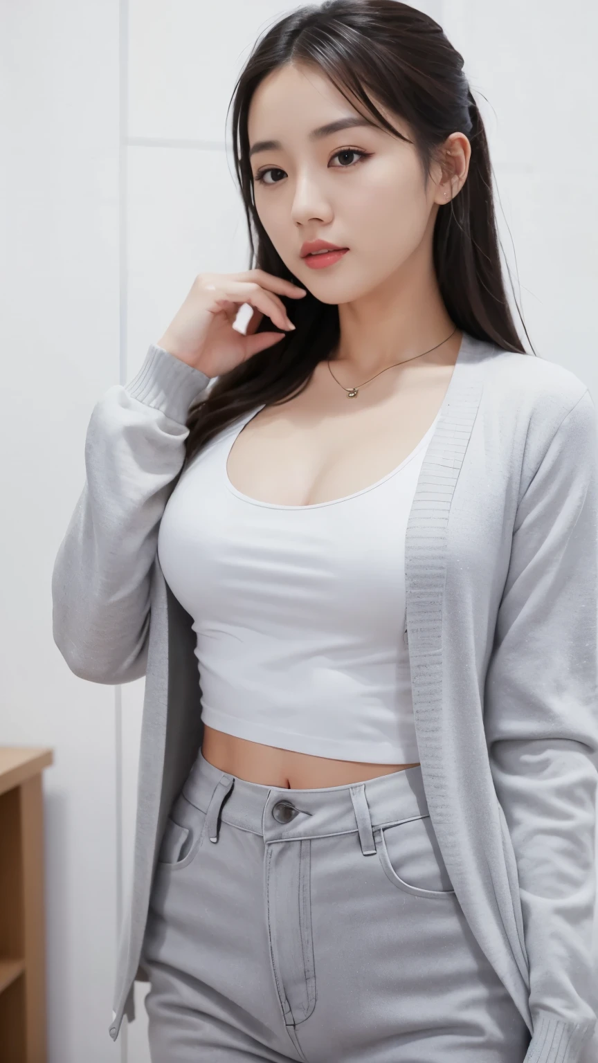 Alaphid Asian woman wearing white top and gray pants, lovely woman, gorgeous young korean woman, The breasts are huge and full，slim waist，Nine-headed figure，Sleek white skintight suit, Wear tight, simple clothes, cardigan, gorgeous lady, gray shirt, Casual wear裝, loose slit jacket, korean woman, cardigan, gray clothes, Yoshitomo Nara, light grey, Casual wear