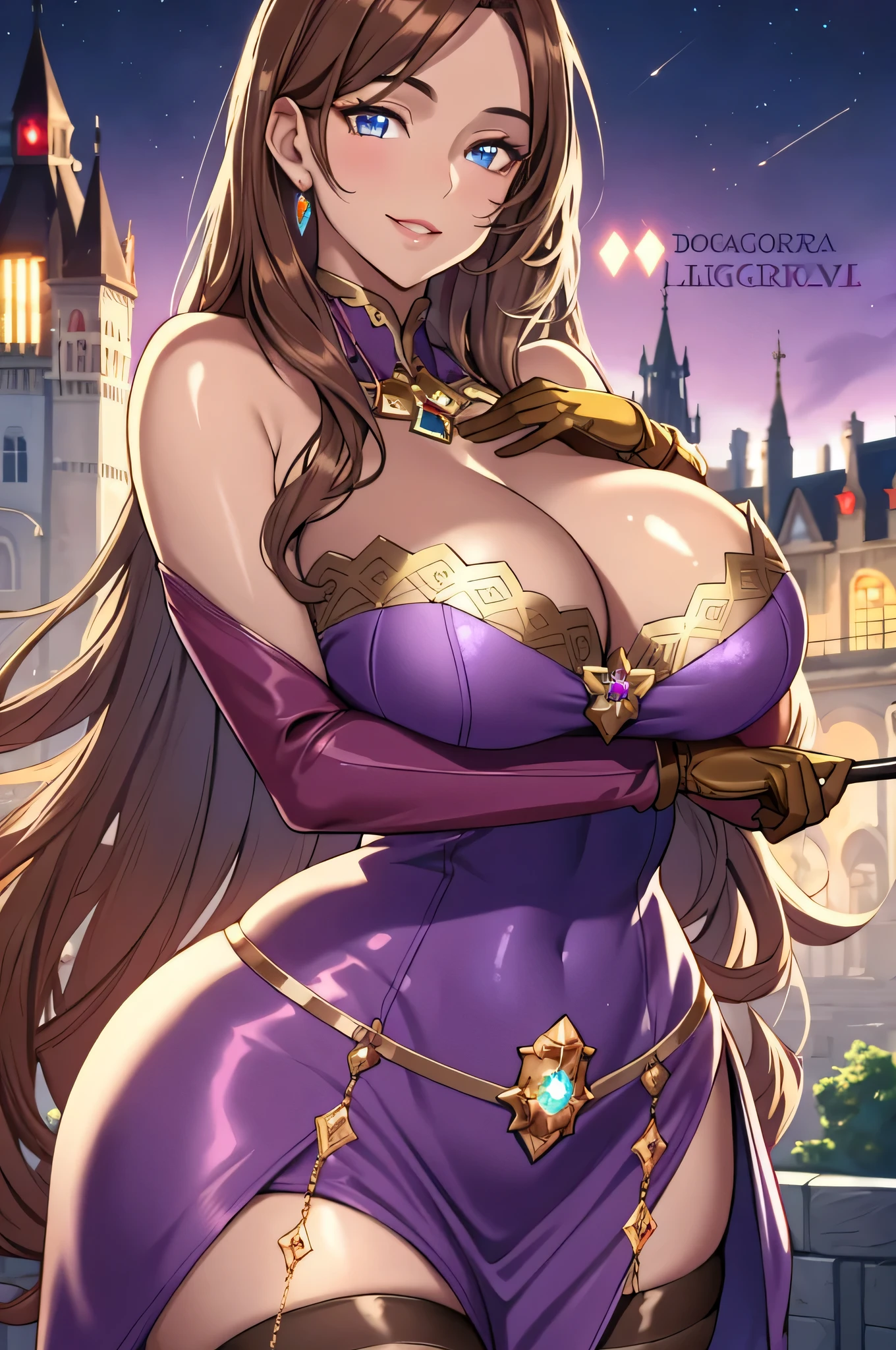 olga discordia, light brown hair, colored skin, brown skin, hair stick, bangs, blue eyes, solo, smiling, standing, upper body, hips, bare shoulders,purple thighhighs,violet dress, gold jewelry,armor,gloves,circlet, cleavage, red and gold royal castle, gigantic breasts, (best quality, masterpiece, beautiful and aesthetic:1.2, highest detailed face, perfect face,)  eyes, perfect face,expressive eyes,
looking at viewer, in the center of the image,(Upper_body),(Focus on her face),
official art,extremely detailed CG unity 8k wallpaper, perfect lighting,Colorful, 
(masterpiece:1.0),(best_quality:1.0), ultra high res,4K,ultra-detailed
