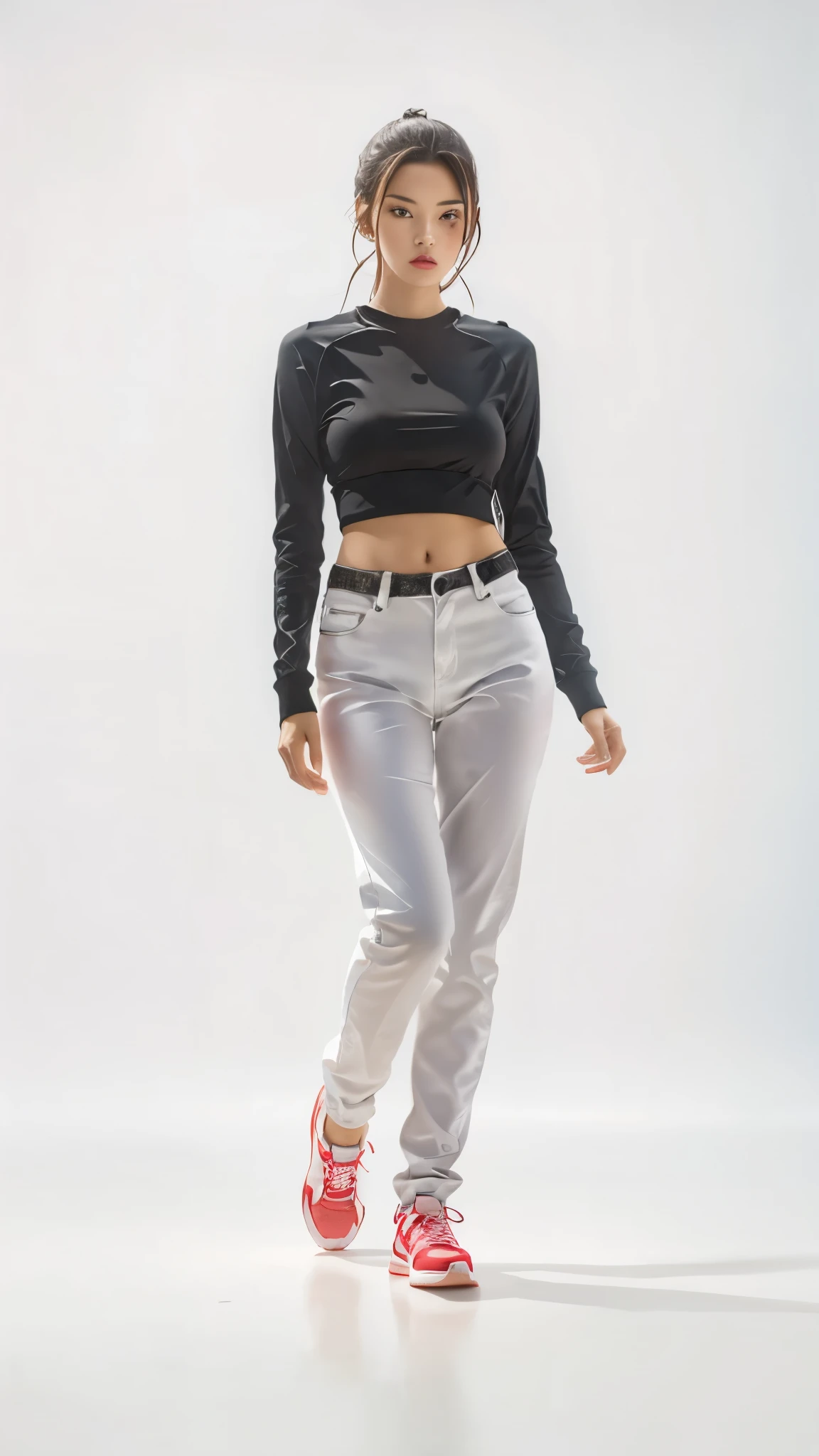 16K, Masterpiece, photorealism, A girl walks to her full height, a girl with dark long hair, a girl dressed in a white top, light jeans, white sneakers, white background,