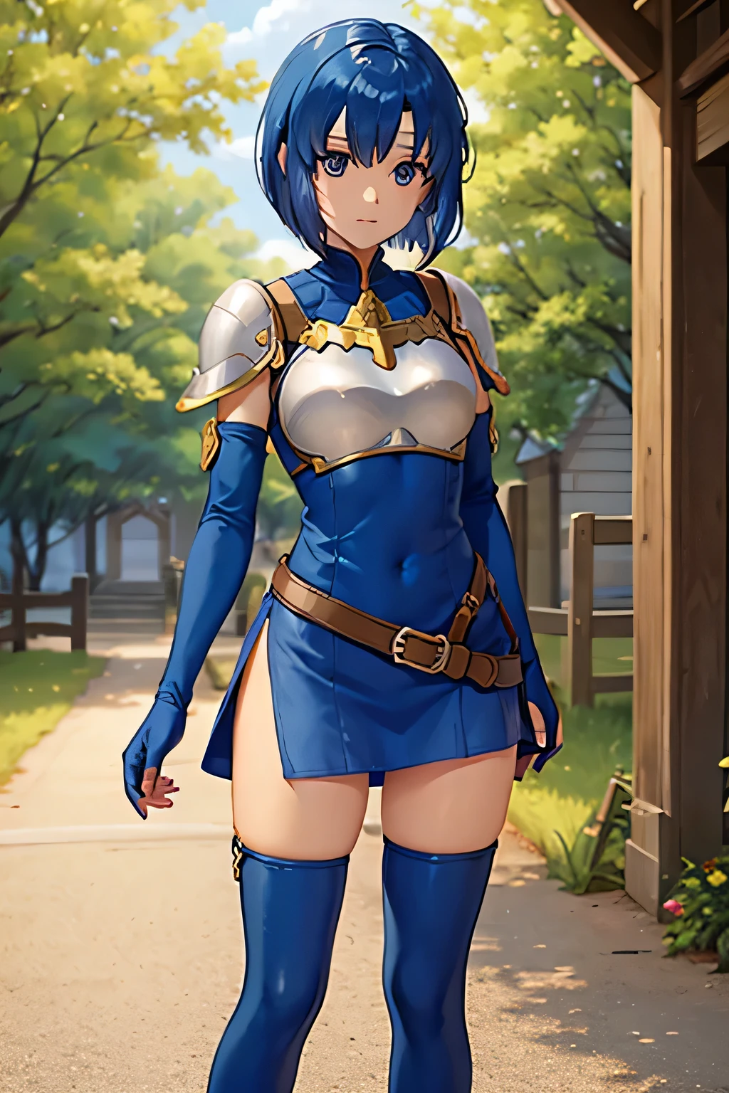 Katria_nm, cute, blue hair, short hair, blue eyes, cute, thin waist, small, Tight, medium breasts, bare shoulders, red neckerchief, blue elbow gloves, blue fingerless gloves, shoulder armor, belt, breastplate, white headband, short dress, dress slit, blue tight boots, Blue Long Boots, Pegasus knight uniform (Fire emblem), low length, middle ages, village