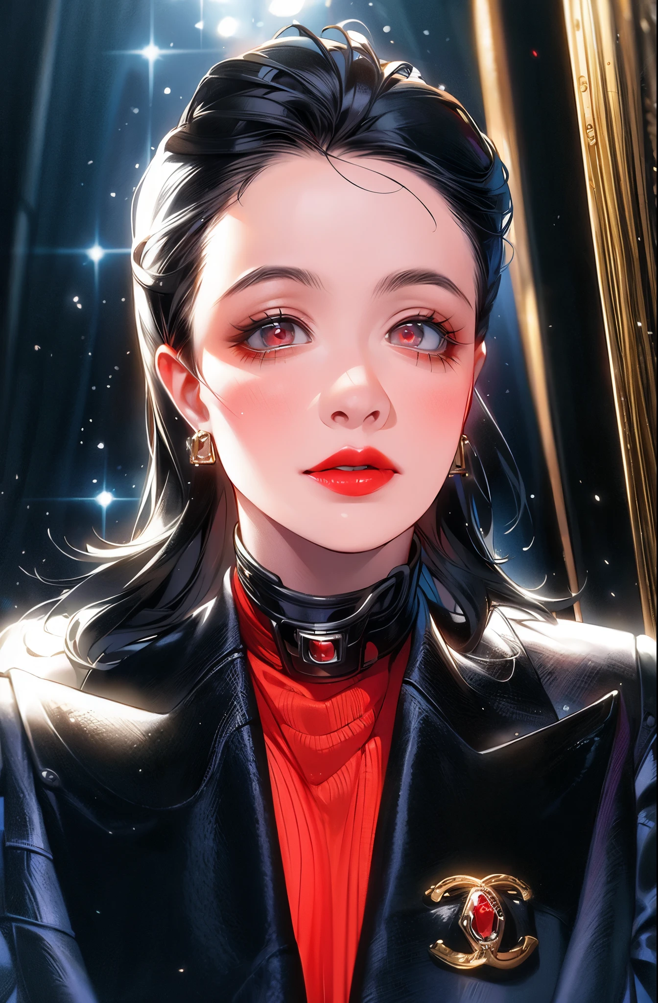 (masterpiece:1,2), best quality, masterpiece,1girl, black hair, earrings, forehead, jewelry, long hair, looking at viewer, , red lips, solo, upper body