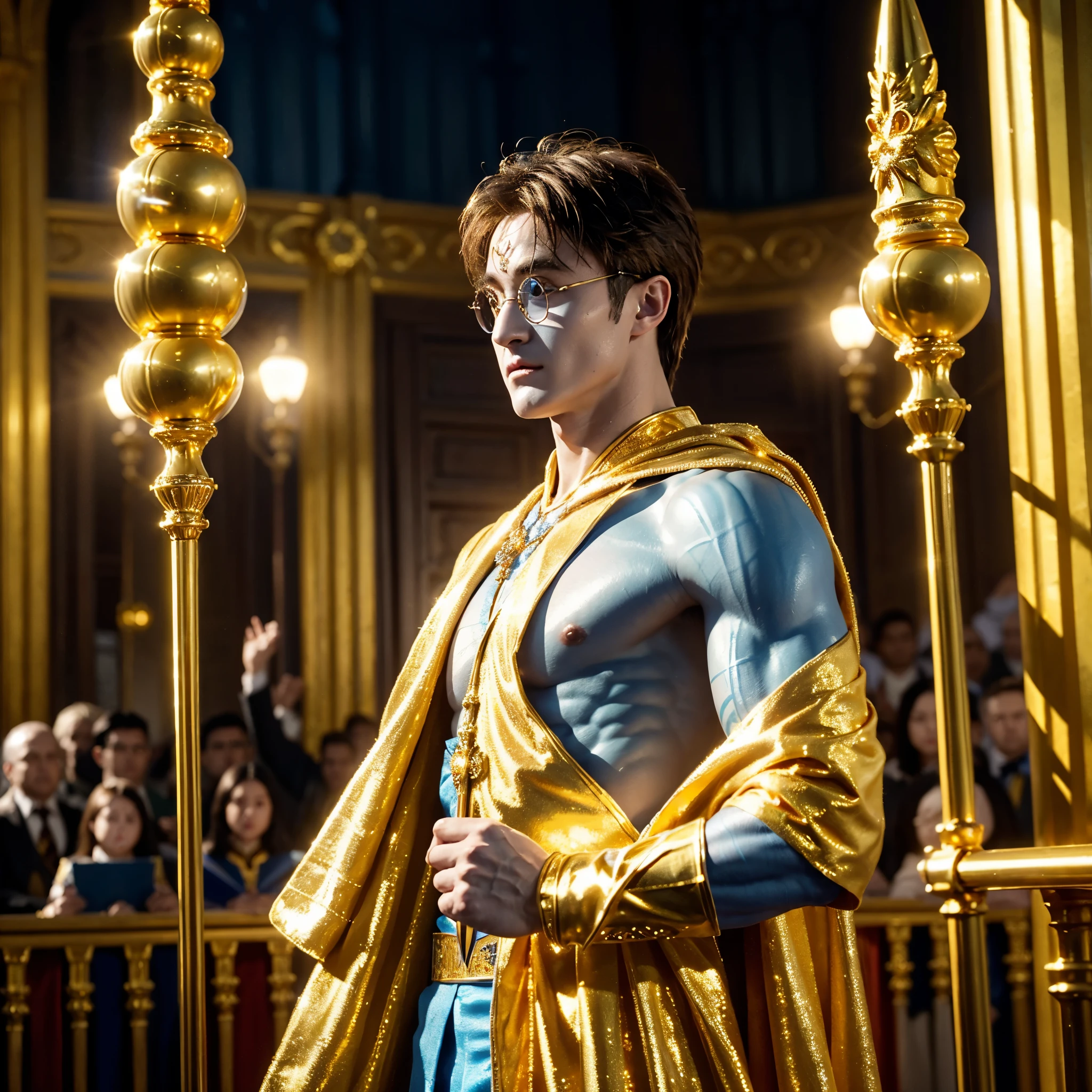 blue skin Harry Potter, muscular body, bare upper body, golden ornaments, flashy costume, Hogwarts in the background, golden king, golden emperor Harry Potter, painted in the center, crowd in the background, golden effect, golden magic, high quality,Harry Potter with golden skin, muscular body, bare upper bodyHarry Potter with golden skin, nothing on, naked, nothing on upper body, golden ornaments, flashy costume, Hogwarts in background, golden king, golden emperor Harry Potter, painted in the center, crowd in background, golden effect, golden magic, high quality, high definition、Harry Potter, the king who unifies the universe, robot in the background,