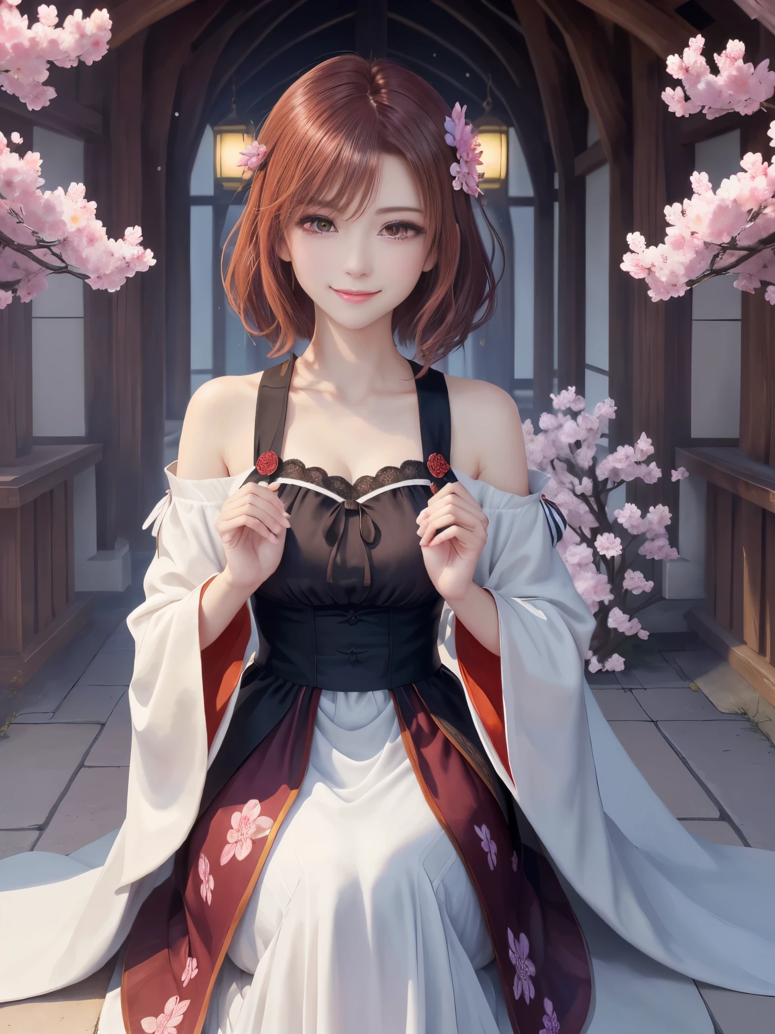 masterpiece , best quality,smile,smile,small face,shoulder exposure,some cleavage exposure,colorful hair,slender body shape,brown eyes,sharp contrast,short hair,Beautiful short hair,short cut hair,just one person,precision quality,Faithfully reproduced eyes, 一面に咲くcherry blossom background,snow scene,masterpiece, 幻想的なcherry blossom background,night,nightの背景,cherry blossom background,beautiful details, colorful, delicate details, delicate lips, intricate details, genuine, ultrargenuineista, 枝に座っている色とりどりの髪のFoxを持つ女の子:Mature, bright eyes, ,色とりどりのFox, raposa de nine tails, 三尾Fox, 三尾Fox, onmyoji detail art, beautiful fine art illustration, mythical creatures, Fox, beautiful digital art,shrine maiden,hold hands,exquisite digital illustration, mizutsune, Inspired by mythical wild web creatures, pixiv in digital art, shining light, high contrast, Mysterious,