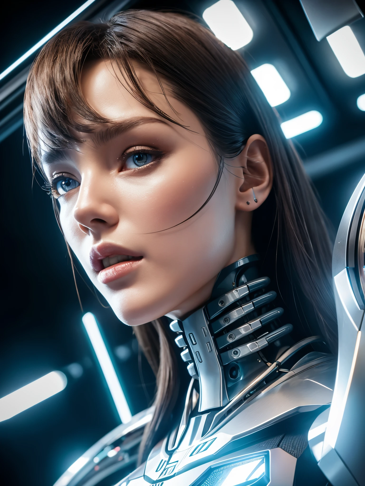 complex 3d render ultra detailed of a beautiful porcelain profile woman android face, Cyborg, cyborg robot parts, 150 mm, Beautiful studio soft light, rim-light, vibrant detail, Luxurious cyberpunk, Lace, Hyperrealistic, anatomically, face muscles, Cable Electrical Wire, micro Chip, elegant, Beautiful background, rendering by octane, h. r. Giger style, 8K, Best quality, Masterpiece, illustration, An extremely delicate and beautiful, Extremely detailed ,CG ,Unity ,the wallpaper,Amazing, finedetail, Masterpiece,Best quality,offcial art, Extremely detailed Cg Unity 8K wallpaper, robot, silver halmet, （（full bodyesbian））, Standing
