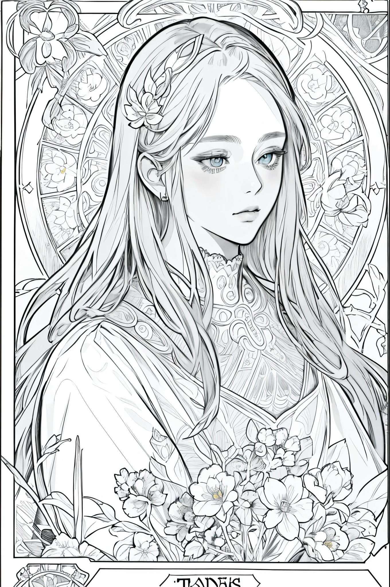 tarot cards, 1 girl,european girl face portrait,shapeless long hair, shiny skin, detailed face, wearing a patterned robe, Sumeru,cloud, moon,((tarot cardsのレイアウト)),highest quality, masterpiece, (realistic:0.6), realistic lighting,flower frame, decorative panel, abstract artistic, (Alphonse Mucha) (master piece, best quality, 8k, very detailed, intricate details, 4k,Cerulean, line drawing, fibonacci.facing left,