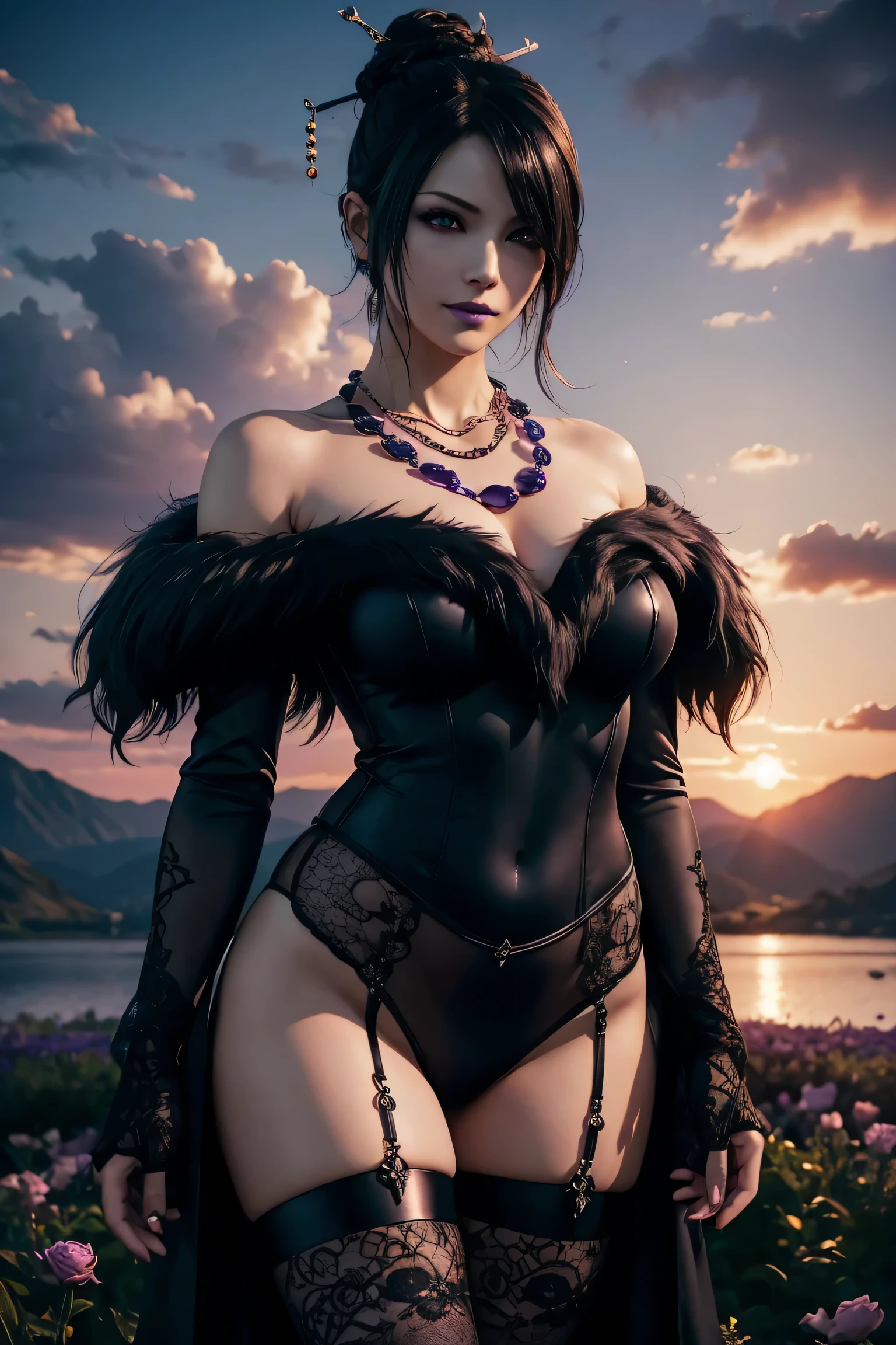 Lulu,Final Fantasy 10,FF10,Kurokami,one length,Let down one side of your bangs,hide one eye,beautiful purple eyes,white skin,purple lips,黒いFurryロングドレス,Furry,Black see-through blouse,black fishnet tights,Purple Necklace,super high quality,super high quality,masterpiece,digital single lens reflex,realistic,Detailed details,vivid details,depicted in detail,detailed face,Detailed details,Super detailed,realistic skin texture,based on anatomical basis,perfect anatomy,anatomically correct hand,anatomically correct fingers,Complex 3D rendering,sexy pose,beautiful purple rose field,Final Fantasy Worldview,Dark worldview,fantastic sunset,fantastic sunset,beauty like a painting,smile,