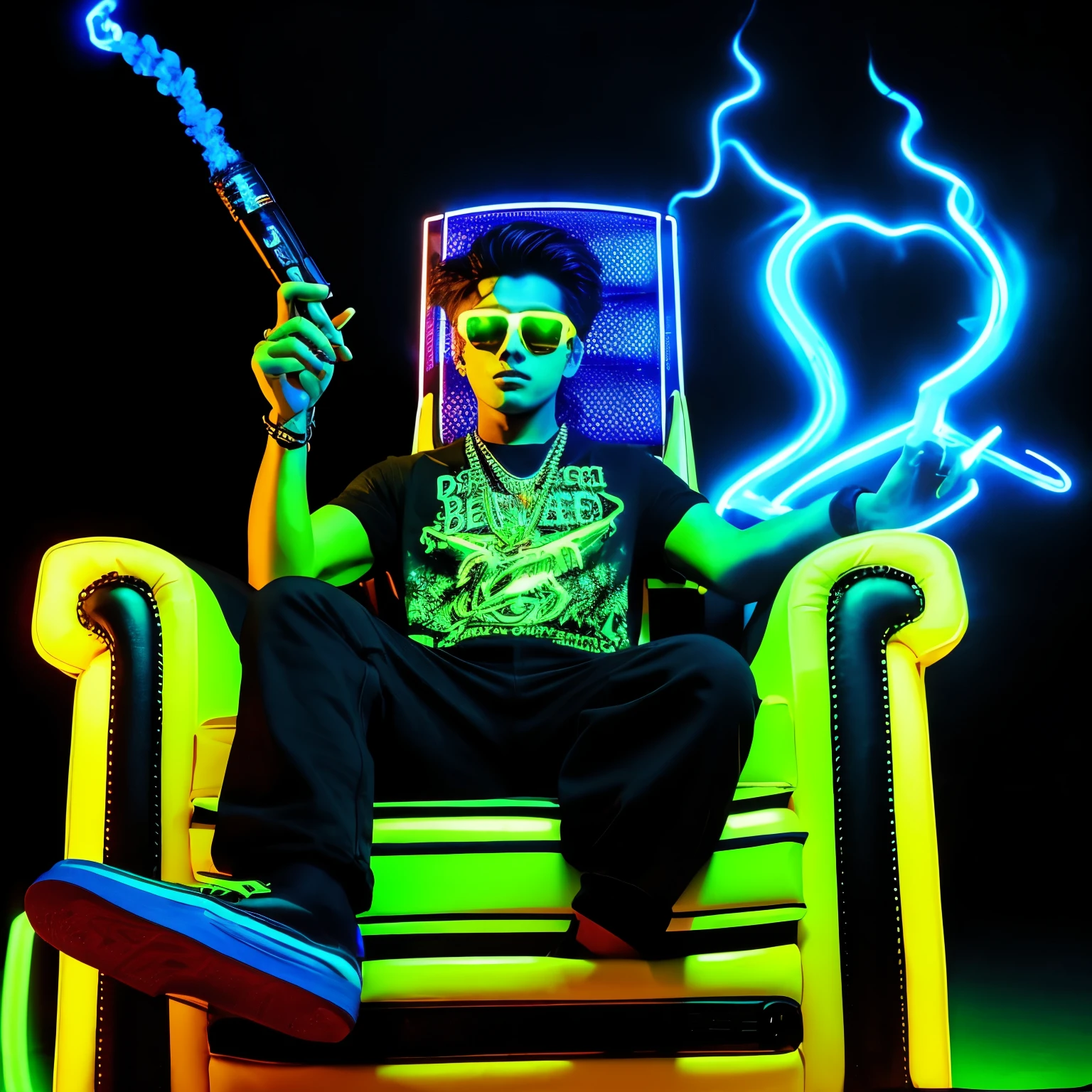 Create a 3D illusion for a profile picture where a 20 Year old attitude boy in a sunglasses blue and black dress Sitting casually on a King of Beasts Throne Chair. With a yellow neon light Vape on hand. And a ferocious yellow neon light Hookah by my side. Wearing sneakers, he looks ahead. The background features “IMRAN” in big and capital yellow neon light fonts on the black wall. There should not be his shadow, and there are wings to make it appear as if he is an angel