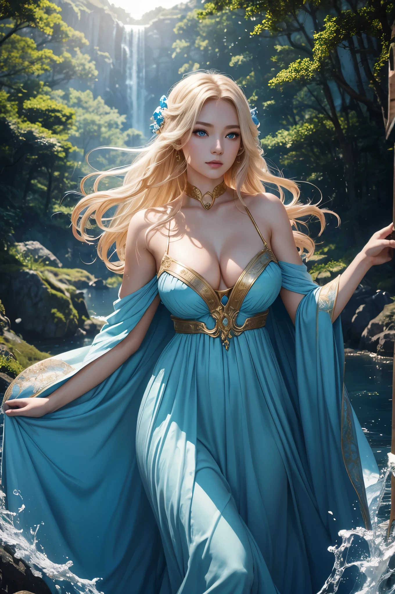 8K,水godの女god,Super beautiful(like the real thing),blue makeup,blue rouge,light blue eyes,clear white skin,Luxurious blue water big breast long dress,sexy,golden decoration,golden hair ornament,masterpiece,Photorealistic RAW photos of the highest quality。bright colors,rich colors, Backlight, cinematic lighting, film grain, to be born, 50mm lens, Nikon D850,detailed character art,fantasy art,ultra high resolution,Super realistic,view audience,fantasy,beautiful expression,view audience,in the forest,Remains,Mountain々,god々Emitting a bright light,fighting pose,dynamic pose,action scene,hold your hand in front of you,spawn a water tornado,