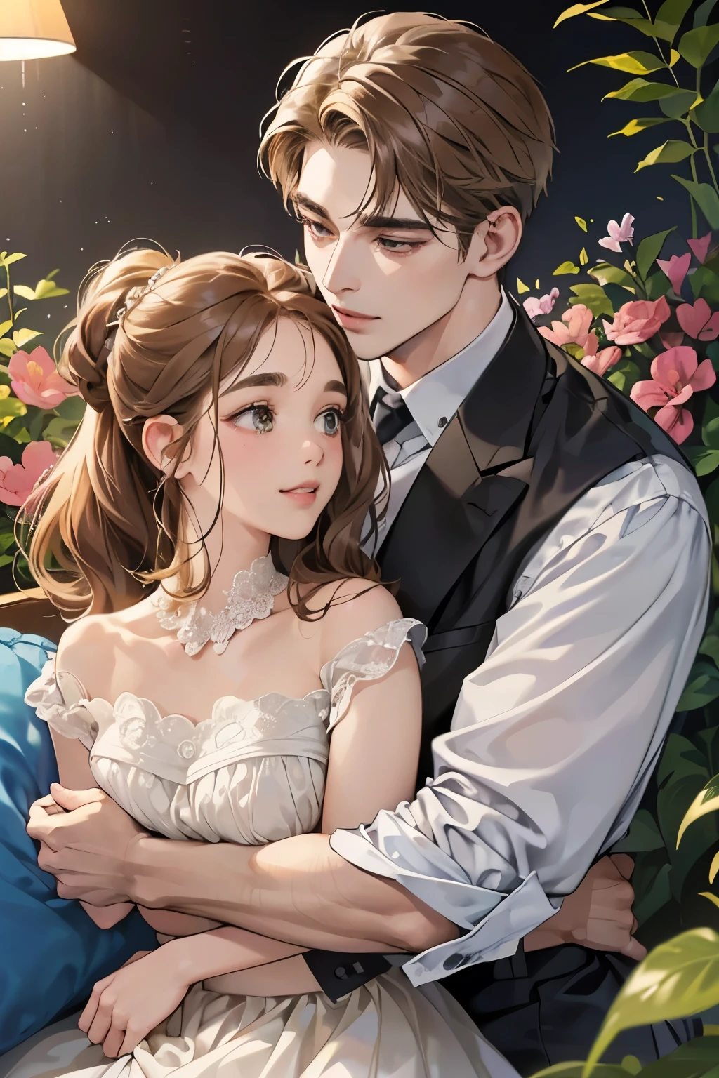 (table top, digital illustration, 4k, 8k, super detailed, beautiful images, clear image, perfect face, perfect lines, perfect eyes, soft lighting) 1 female, (light brown hair,chignon hair,innocent look,droopy eyebrows,droopy eyes、With a round face,round chin、innocence,cute,Big eyes,natural makeup,smile gently,E cup,23 years old:1.3),Two handsome men in suits, (human,man wearing a suit,muscular,solid shoulder width, boyish hairstyle,A man in his 30s with a cool expression,28 year old man with a bright smile:1.2),garden full of light、lots of flowers、squirt、colorful flower light,(embarrassing,shy smile:1.2),resort sofa,kiss、カップルkiss、romance porn、male and female couple、hug
