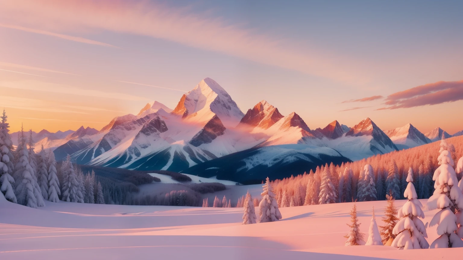 A captivating illustration of a majestic mountain range blanketed in a fresh layer of snow, with a colorful sunrise painting the sky in hues of pink and orange, evoking the crisp beauty of late winter mornings in March.