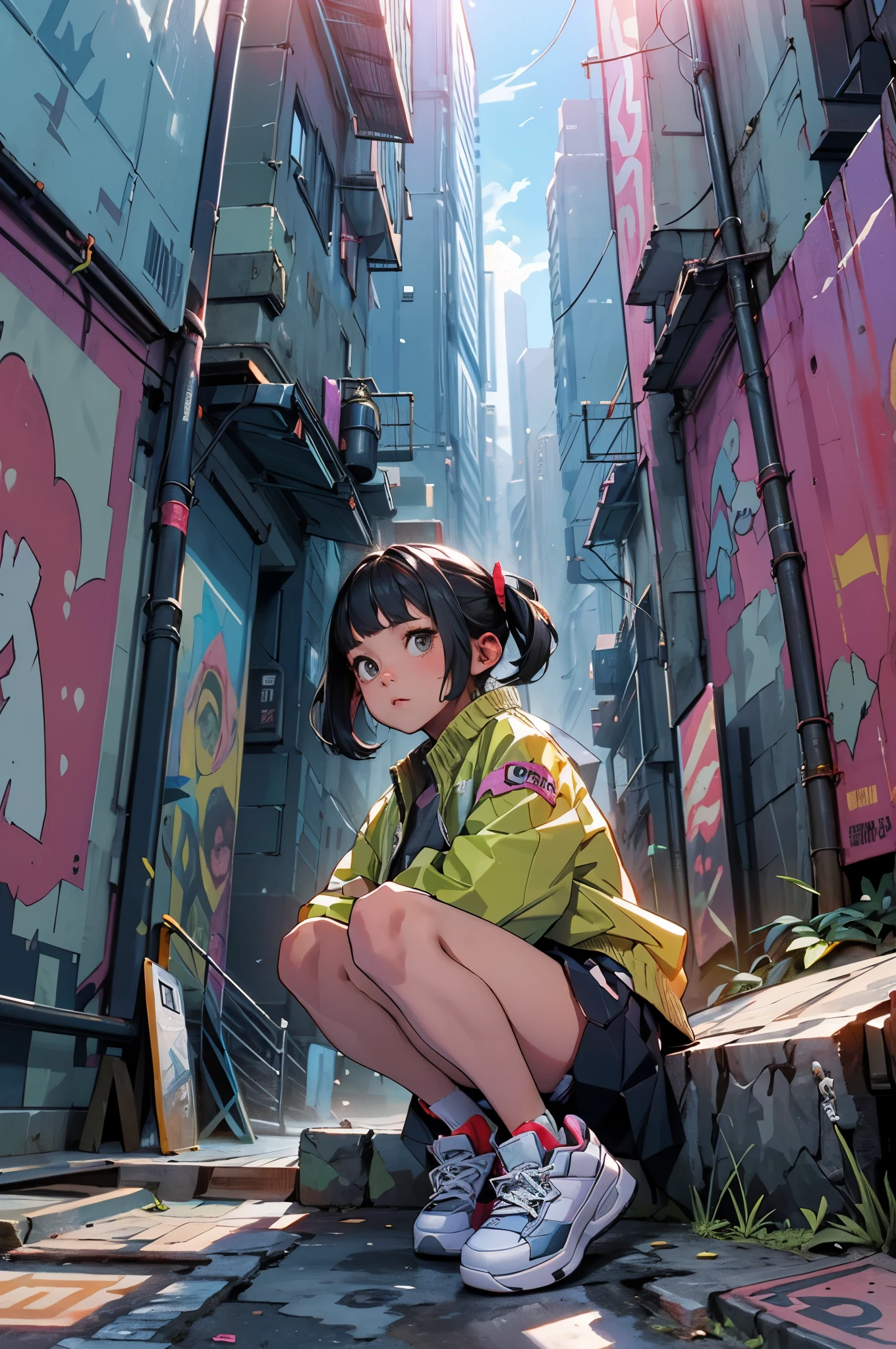 a girl in a back alley、(Super detailed)、(8k)、((hip hop fashion))、(graffiti wall)、(Full body Esbian)、(highly detailed face)、(detailed feet)、(detailed hands)、(cool face)、(sit on one&#39;s knees)、(put your arms on your knees)