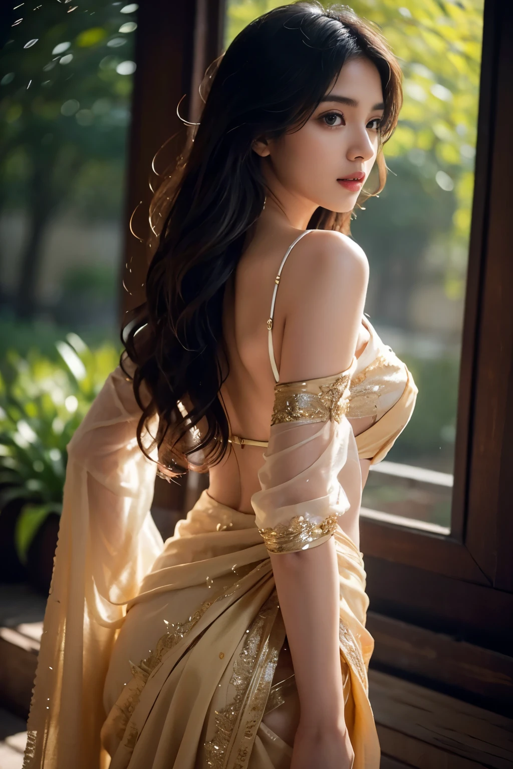 Masterpiece Sony Alpha α7 photograph, captured at ISO1900, in a professional studio setting. The image showcases a beautiful Bangladeshi girl gracefully walking along a bustling street. Adorned in a stunning Saree, her attire accentuates her elegance and cultural heritage. The matching blouse with half sleeves complements her attire perfectly. Her long, black, wavy hair cascades down her back, adding an element of allure to the composition. The photograph highlights her inverted triangle body shape, emphasizing her graceful posture. The nature photography element is incorporated through a macro shot of a captivating subject, capturing every intricate detail with precision. The image boasts an exceptionally high level of detail, allowing viewers to appreciate even the smallest nuances. The use of
