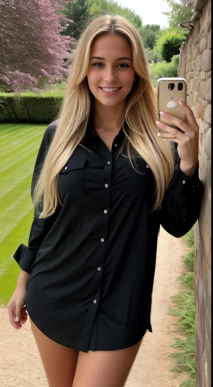 Une femme blonde de 23 ans, ((gros seins)), ((hyperréalisme)) ,. blonde hair with light brown roots. cheveux blond, Cheveux aux racines brunes, very long hair, very long hair, very long hair, beau, Vue de face, Selfie, photo prise avec iPhone, elegant black shirt with escote, Coupe-bas, Selfie in the garden, High quality, Selfie iPhone, clivage