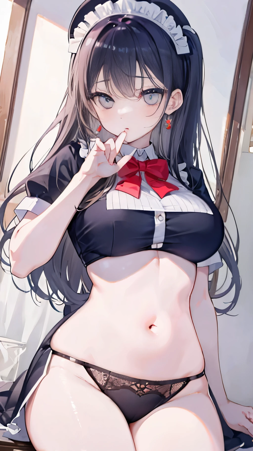 "(perfect masterpiece:1.2), (best quality:1.2), stunning face, uniform, mature and chubby, big pupil, bright eyes, compensate, long and luxurious eyelashes, lip whole, irresistible charisma.",Maid clothes,belly button