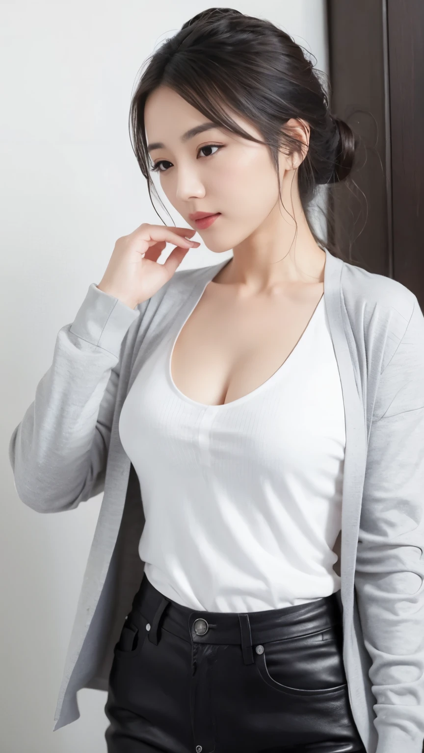 Alaphid Asian woman wearing white top and gray pants, lovely woman, gorgeous young korean woman, The breasts are huge and full，slim waist，Nine-headed figure，Sleek white skintight suit, Wear tight, simple clothes, cardigan, gorgeous lady, gray shirt, Casual wear裝, loose slit jacket, korean woman, cardigan, gray clothes, Yoshitomo Nara, light grey, Casual wear