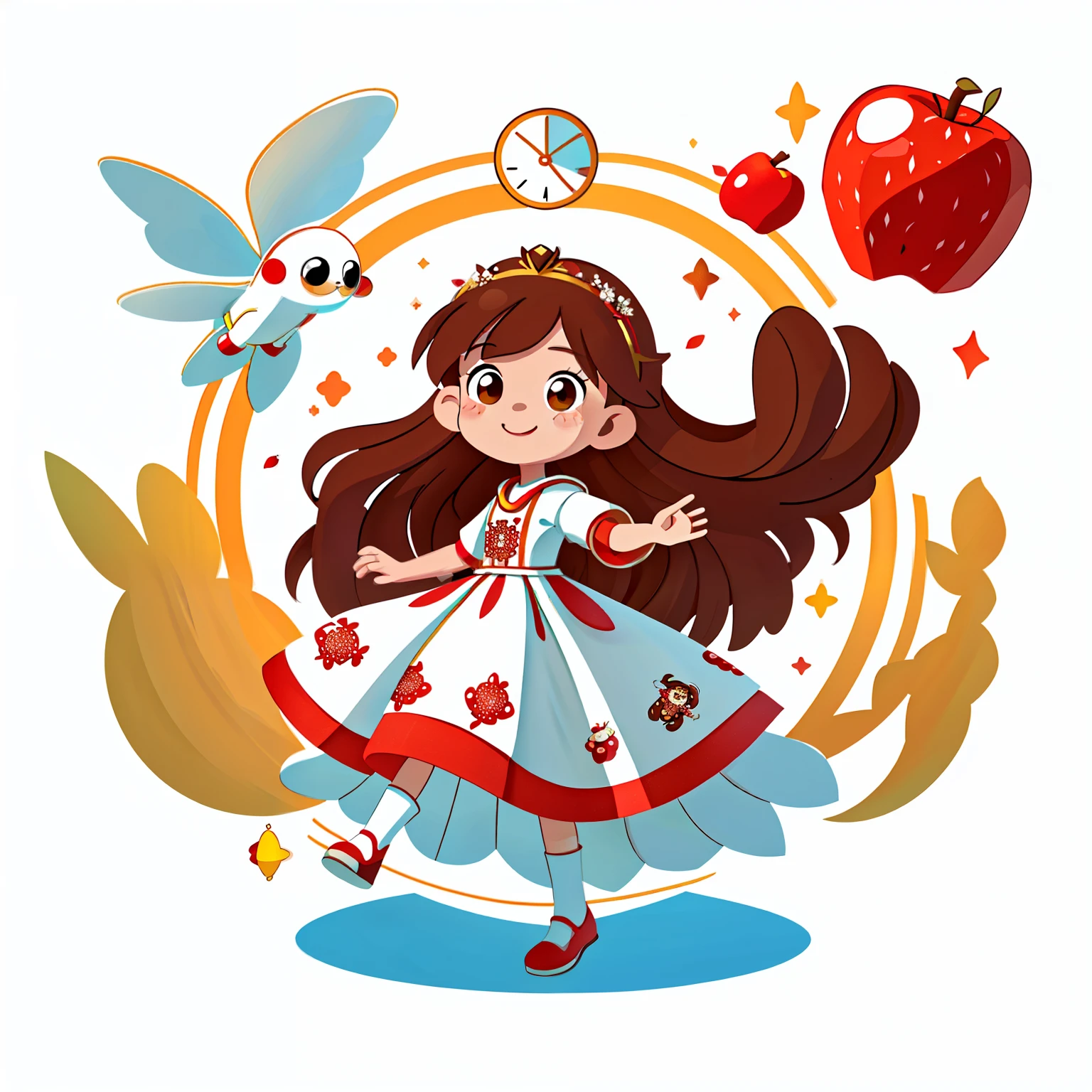 Girl with long brown hair，Put on a white wedding dress，bride，（holding red apple），（plant），flying in space and time（in flight)（time Tunnel），（with love）happy，surrounded by love，surrounded by love，O sign，vector，line art，design，inspiration，straight line，RHAD