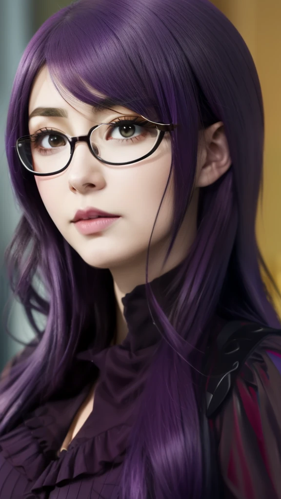 a close up of a woman with glasses and a purple hair, shalltear from overlord, in the anime series ergo proxy, misato katsuragi, in the anime film ergo proxy, anya from spy x family, hinata hyuga, chiaki nanami from danganronpa, akane owari danganronpa, illustrious makinami