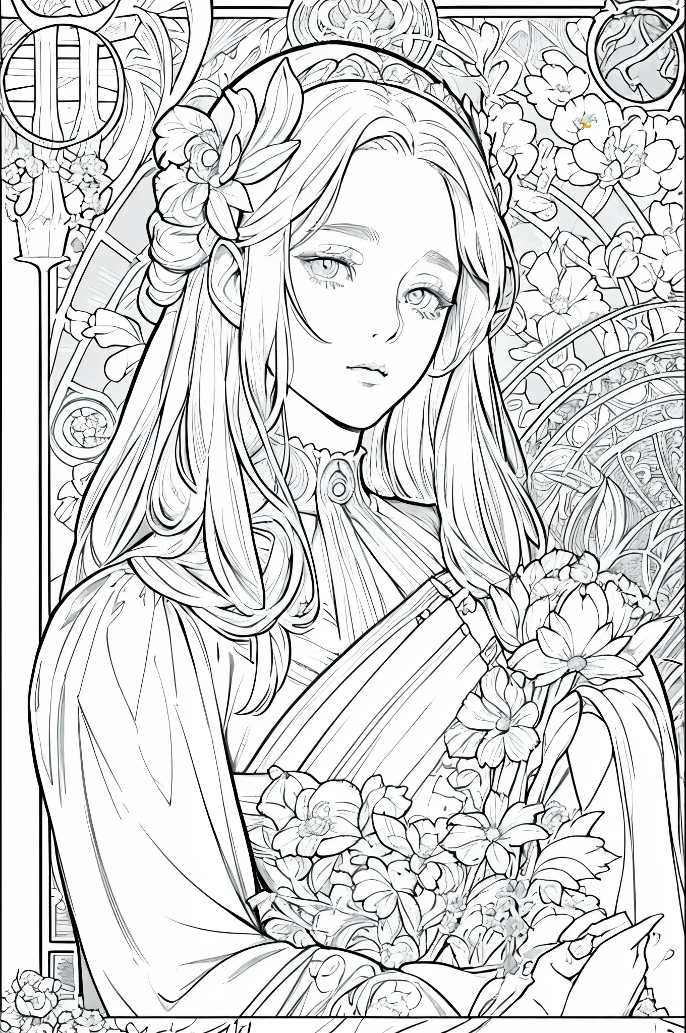 tarot cards, 1 girl，european girl face portrait，shapeless long hair, shiny skin, detailed face, wearing a patterned robe， Sumeru，cloud, moon，((tarot cardsのレイアウト))，highest quality, masterpiece, (realistic:0.6), realistic lighting,flower frame， decorative panel， abstract artistic， (Alphonse Mucha) （master piece， best quality, 8k, very detailed， intricate details， 4k，Cerulean， line drawing， fibonacci.facing right,