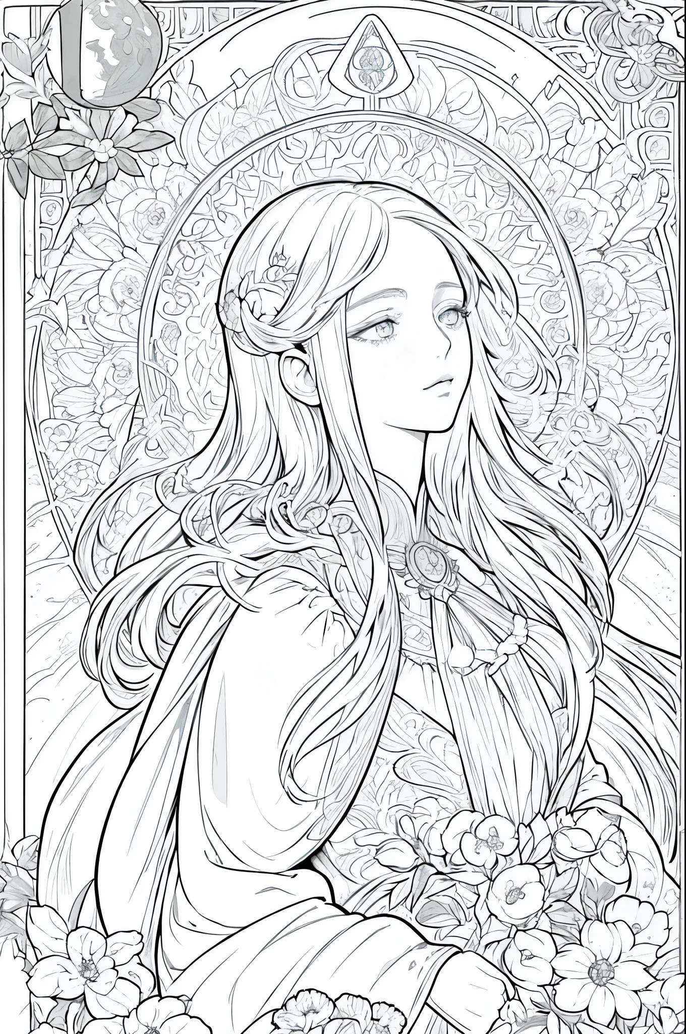 tarot cards, 1 girl,european girl face portrait,shapeless long hair, shiny skin, detailed face, wearing a patterned robe, Sumeru,cloud, moon,((tarot cardsのレイアウト)),highest quality, masterpiece, (realistic:0.6), realistic lighting,flower frame, decorative panel, abstract artistic, (Alphonse Mucha) (master piece, best quality, 8k, very detailed, intricate details, 4k,Cerulean, line drawing, fibonacci.facing right,