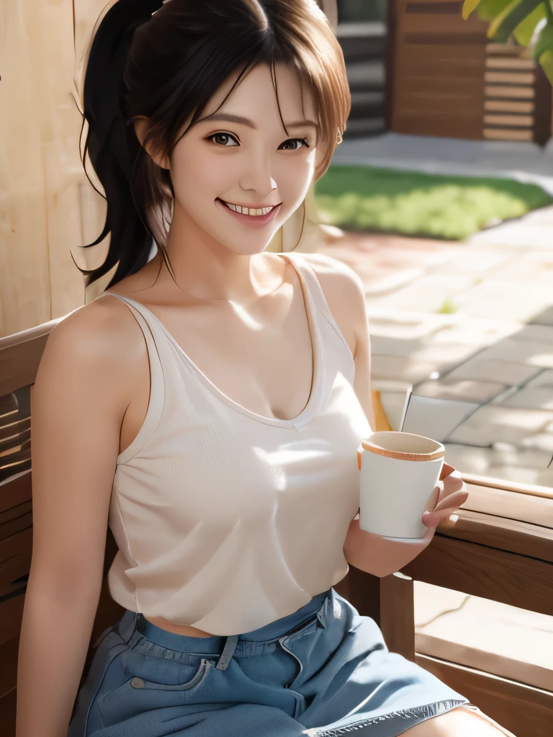 Vivian hsu, loose white sleeveless shirt, ponytail hair, ripple skirt, smiling, sitting at the cafe, drinking a cup of hot coffee, afternoon, golden hour, Ultra high res, uhd, (photorealistic:1.4), cowboy shot