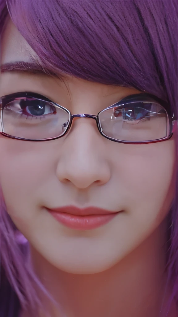 anime girl with purple hair and glasses staring at the camera, misato katsuragi, close up of a young anime girl, gainax anime style, juri misaki, she has purple hair, ilya kuvshinov face, kuvshinov, gainax, kuvshinov ilya, yayoi kasuma, shiro takatani