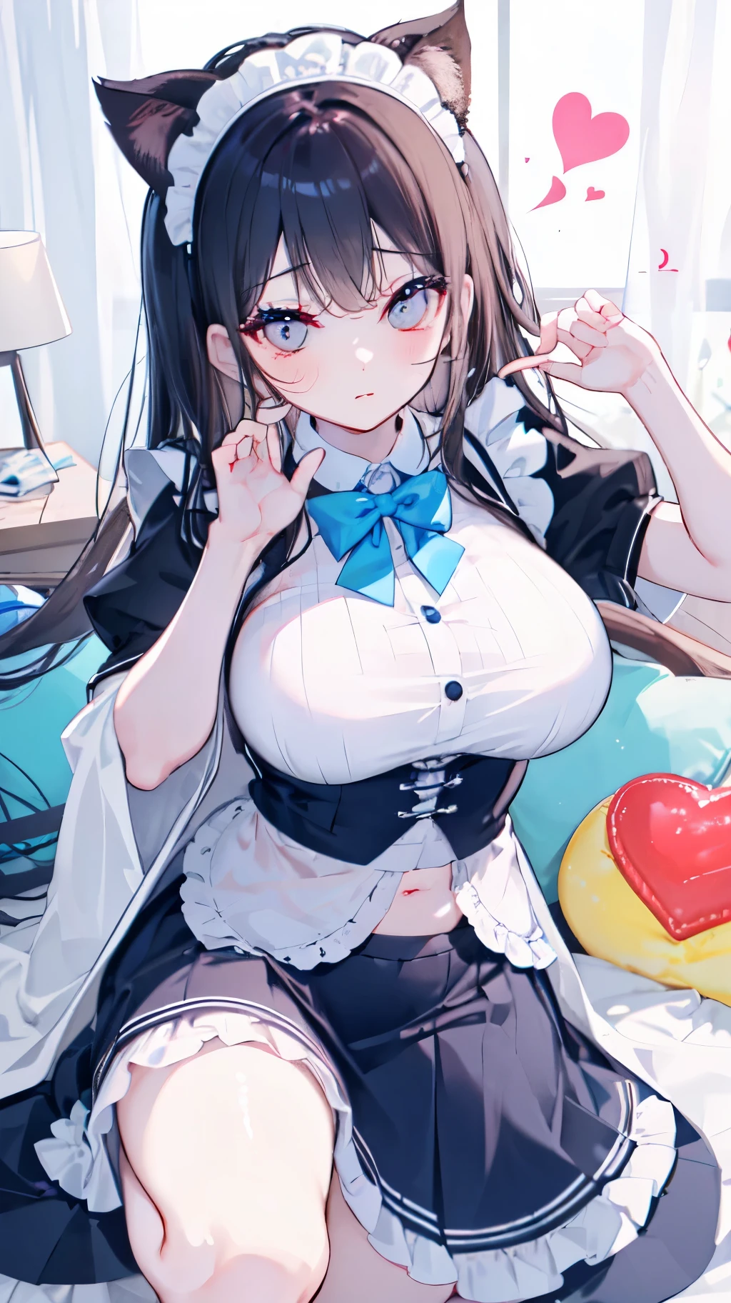 "(perfect masterpiece:1.2), (best quality:1.2), stunning face, uniform, mature and chubby, big pupil, bright eyes, compensate, long and luxurious eyelashes, lip whole, irresistible charisma.",Maid clothes,belly button,heart shaped eyes
