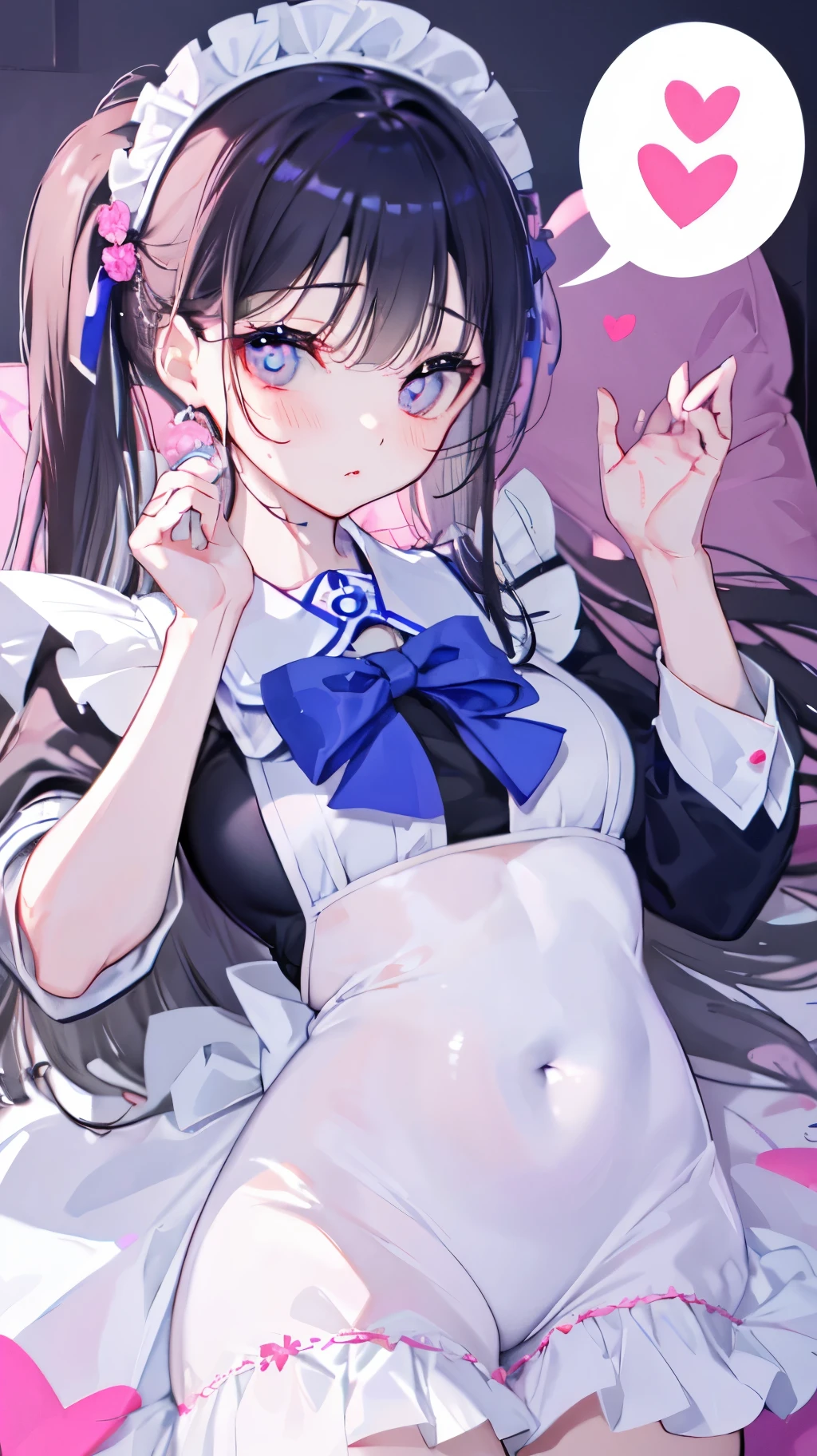 "(perfect masterpiece:1.2), (best quality:1.2), stunning face, uniform, mature and chubby, big pupil, bright eyes, compensate, long and luxurious eyelashes, lip whole, irresistible charisma.",Maid clothes,belly button,heart shaped eyes