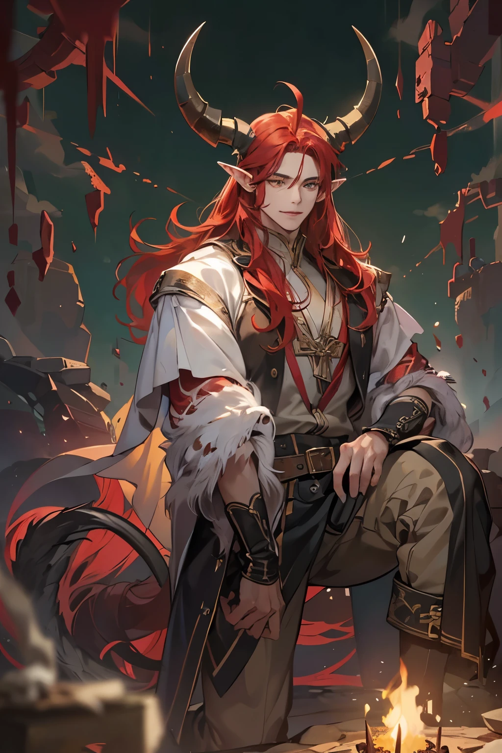 (table top, digital art, digital illustration, 4k, 8k, Super detailed, beautiful images, clear image, realistic, RAW photo, perfect face, perfect lines, perfect eyes, soft lighting) 1 male human, (redhead、long hair、amber eyes,messy hair、bullish look,Smile confidently、devil、It has two black horns on its head...、Pointed elf-like ears、32 years old:1.3),ハンサムなmale性, (White T-shirt with dowel dowel、vest、muscular、Thin macho,solid shoulder width, male:1.2),足を組んでking座に座る、king、Demon king、hair blowing in the wind、Healthy tanned skin、desert oasis、1guy , dark skin,pointy ears, phairs between eyes,ahoge,(stubble:0.5), red hair and horns on his head ,  ((handsome)), ((red long hair),(black cow horns),((yellow eyes)), (sharp years), fur vest,fur_trim,white T-shirts,burgundy cargo pants, solo focus, wry smile,