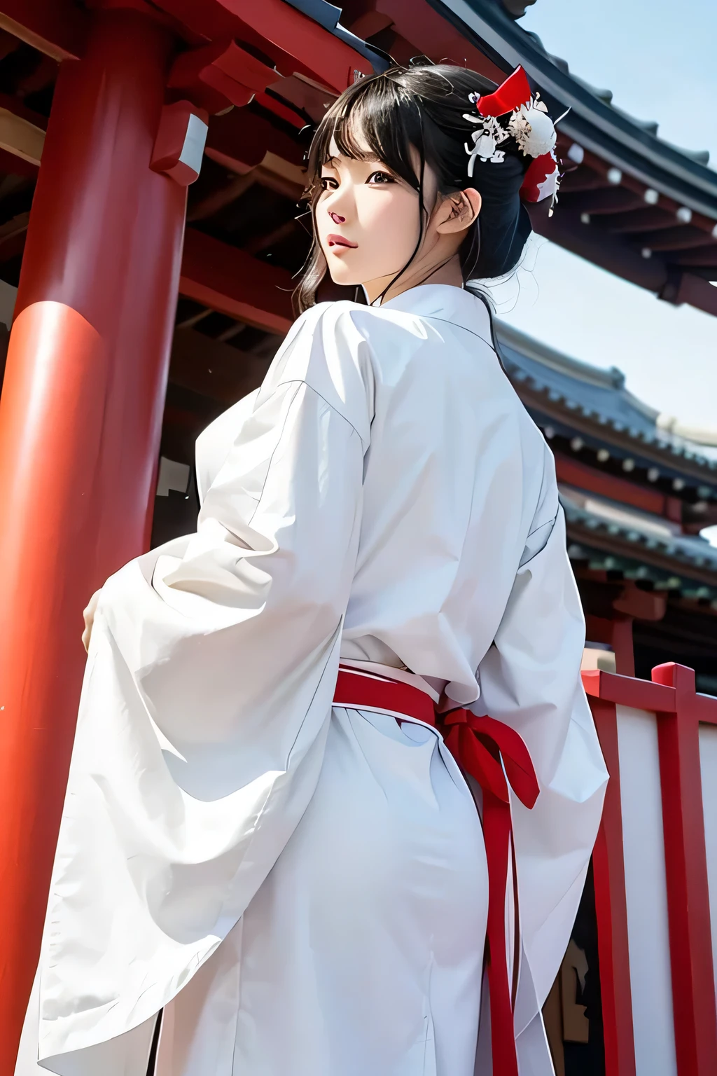 white and red shrine maiden clothes、Adult Beautiful Priestess、Black Hair Upstyle、((whole body))、(((photo taken from below)))、shrine