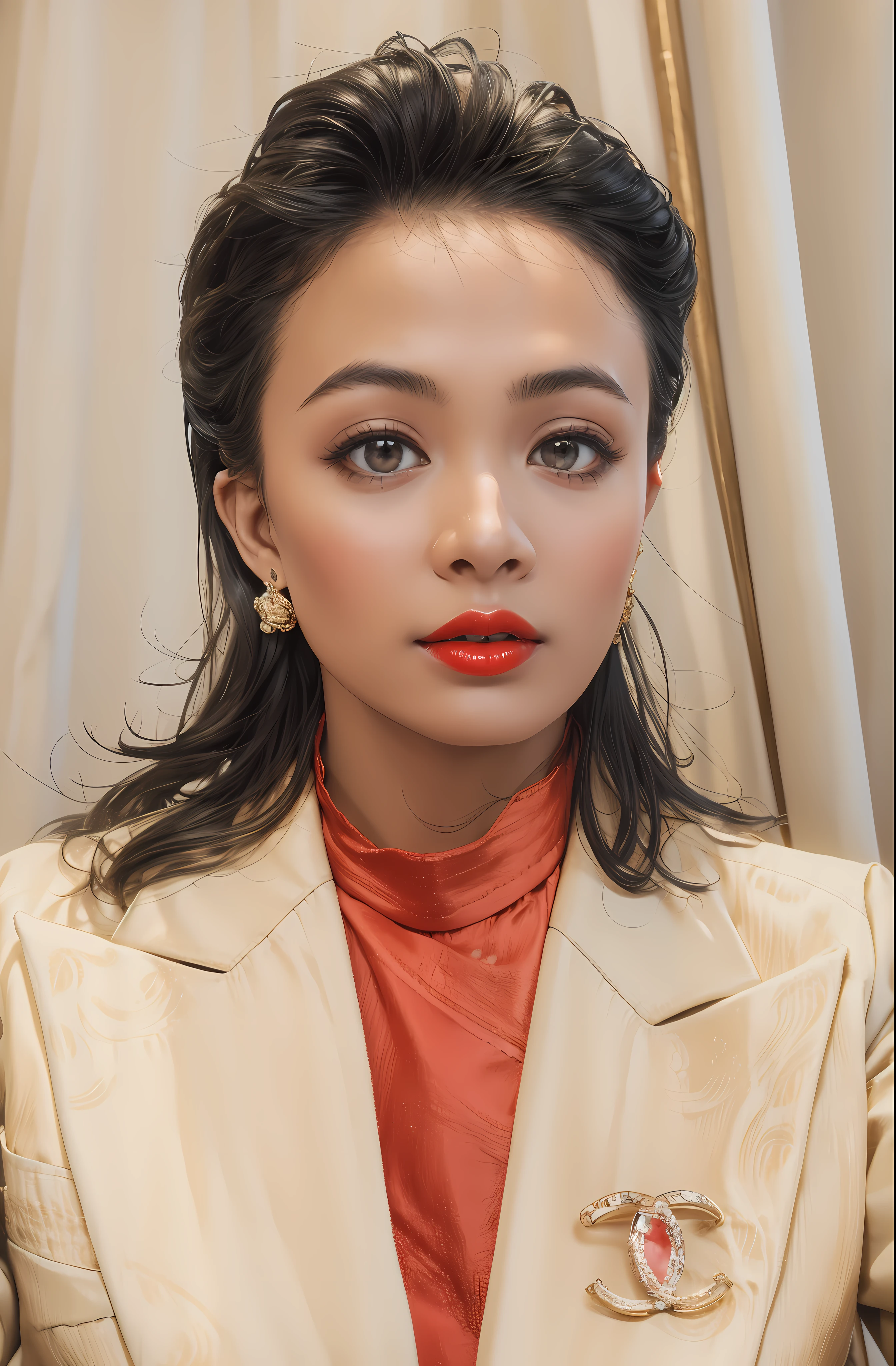 (masterpiece:1,2), best quality, masterpiece,1 girl, black hair, earrings, forehead, jewelry, long hair, looking at the audience, , red lips, alone, Upper body,Two-dimensional style