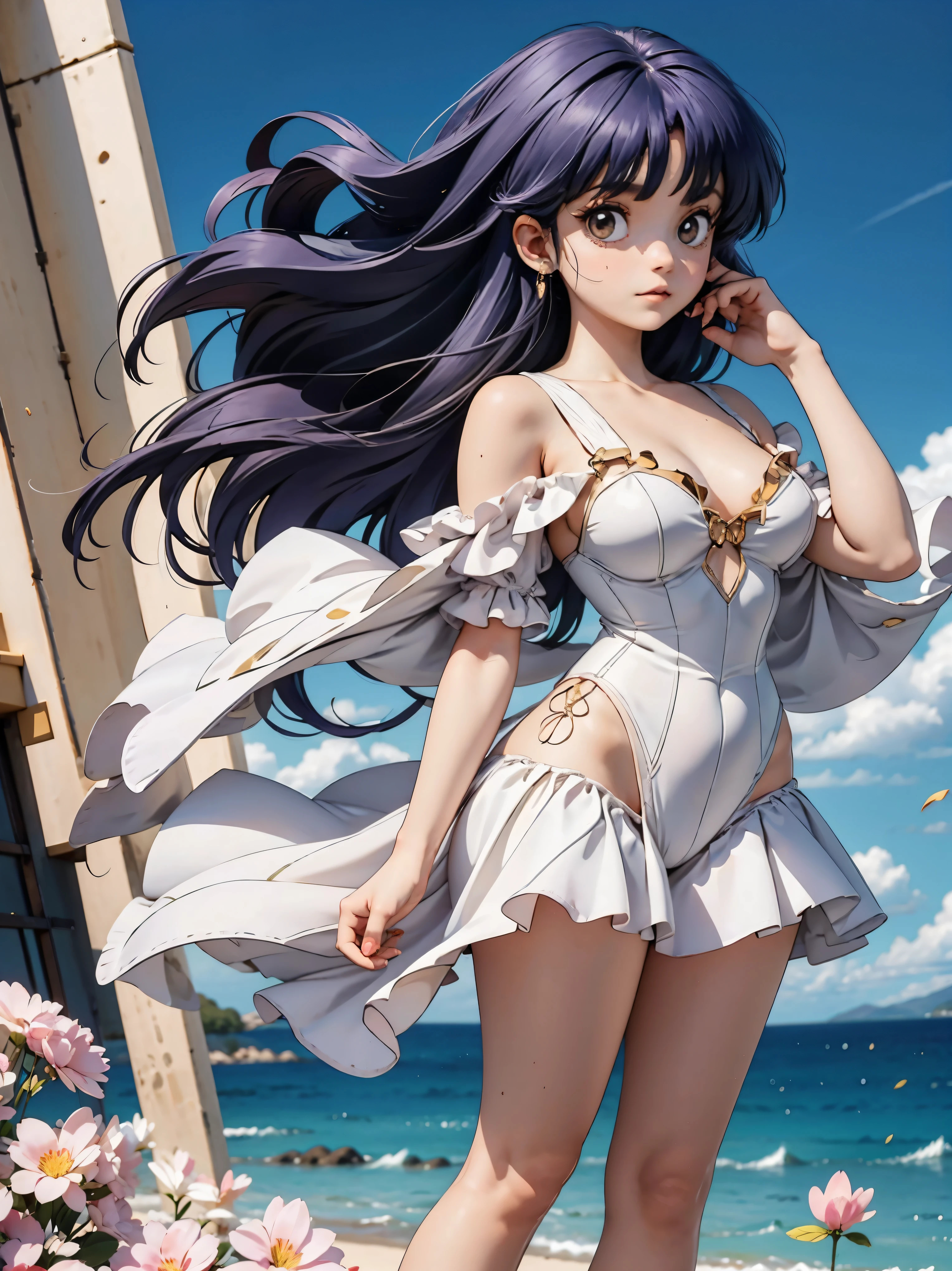 Anime cabelo escuro com vestido rosa brilhante, , corpo bonito, seios grandes, com as hands on chest, hands on chest, Garota sexy, purple cabelo, mechas de cabelo laterais, mechas de cabelo na lateral do rosto, beautiful lighting, sombras suaves, olhos azuis, pernas bonitas, cabelo curto, estilo anime, personagem Akane Tendo, Autora Rumiko Takahashi, Baseado em obra de Rumiko Takahashi, Anime Ranma 1/ 2, decote sexy, quadril robusto, corpo inteiro, corpo inteiro, busto grande, garota jovem com corpo belo e bonito, sandals on his feet, garota 16 anos usando vestido rosa brilhante, garota anime, estilo anime, beautiful feet in sandals, 45° viewing angle, ao ar livre, peito grande, seios bonitos, cabelo preto, sandals on the feet, pernas bonitas, sexy,