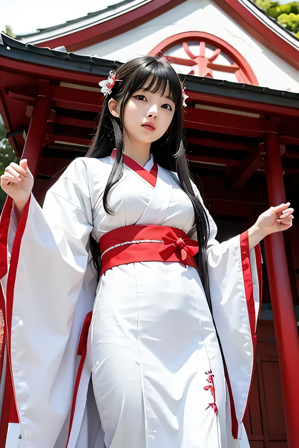 white and red shrine maiden clothes、Adult Beautiful Priestess、Black Hair Upstyle、((whole body))、(((photo taken from below)))、shrine