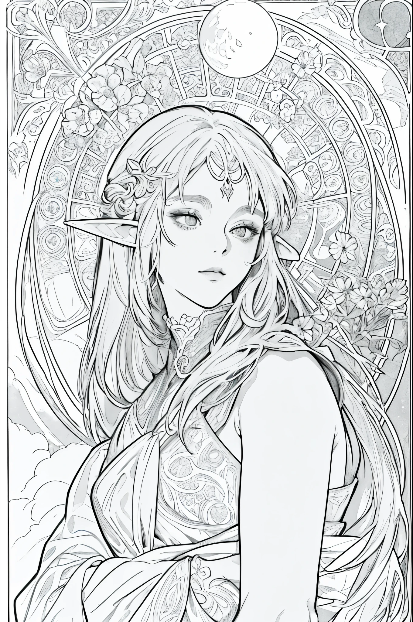 tarot cards, 1 elf girl,Portrait of the face of a European elf,shapeless long hair, shiny skin, detailed face, wearing a patterned robe, Sumeru,cloud, moon,((tarot cardsのレイアウト)),highest quality, masterpiece, (realistic:0.6), realistic lighting,flower frame, decorative panel, abstract artistic, (Alphonse Mucha) (master piece, best quality, 8k, very detailed, intricate details, 4k,Cerulean, line drawing, fibonacci.