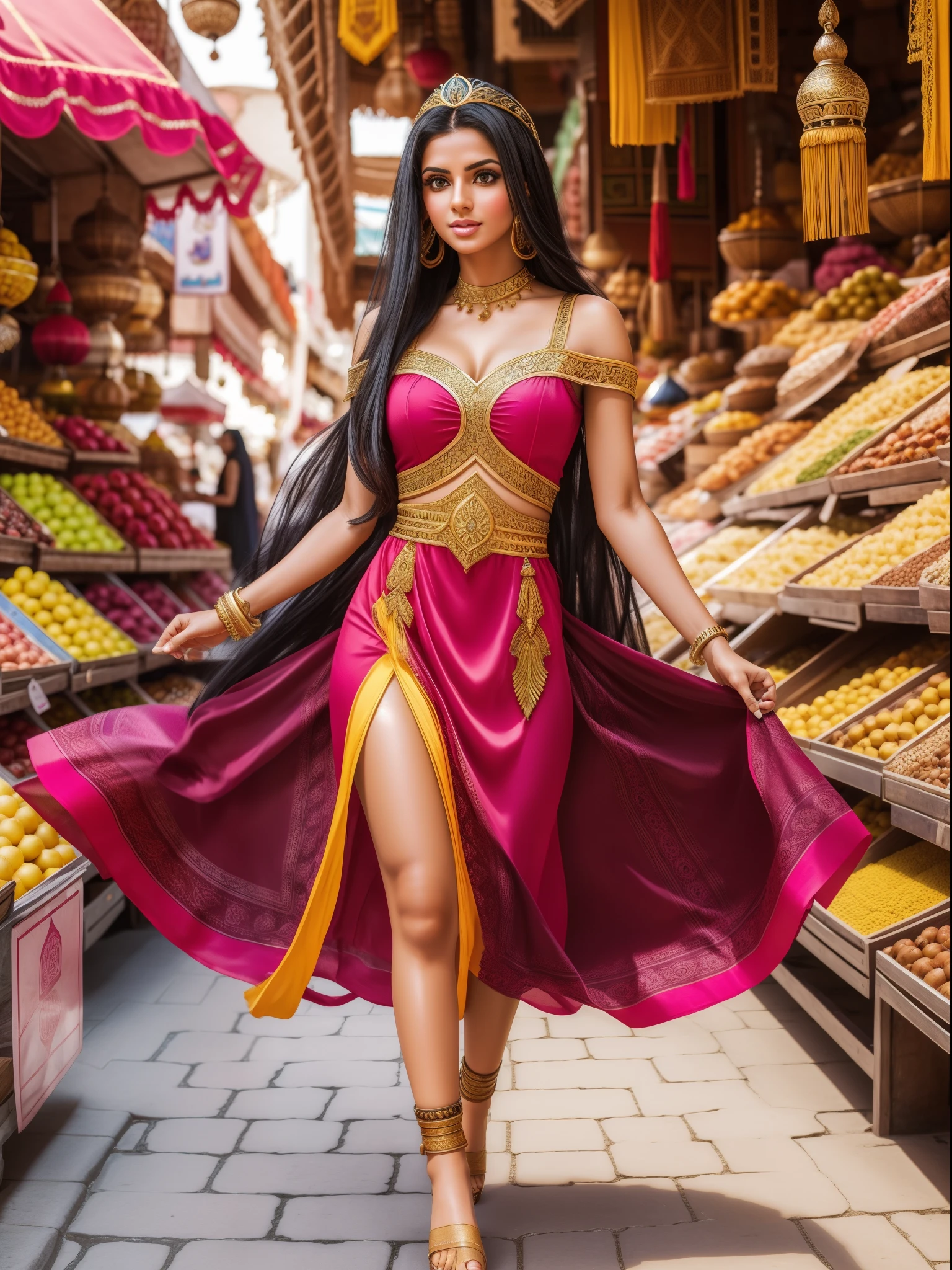 full body crka 1800 beautiful arabian princess in a bright colorful airy dress walking in an arabian market long black hair realistic skin texture bright colors meticulously crafted textures oriental feel cinematic realistic