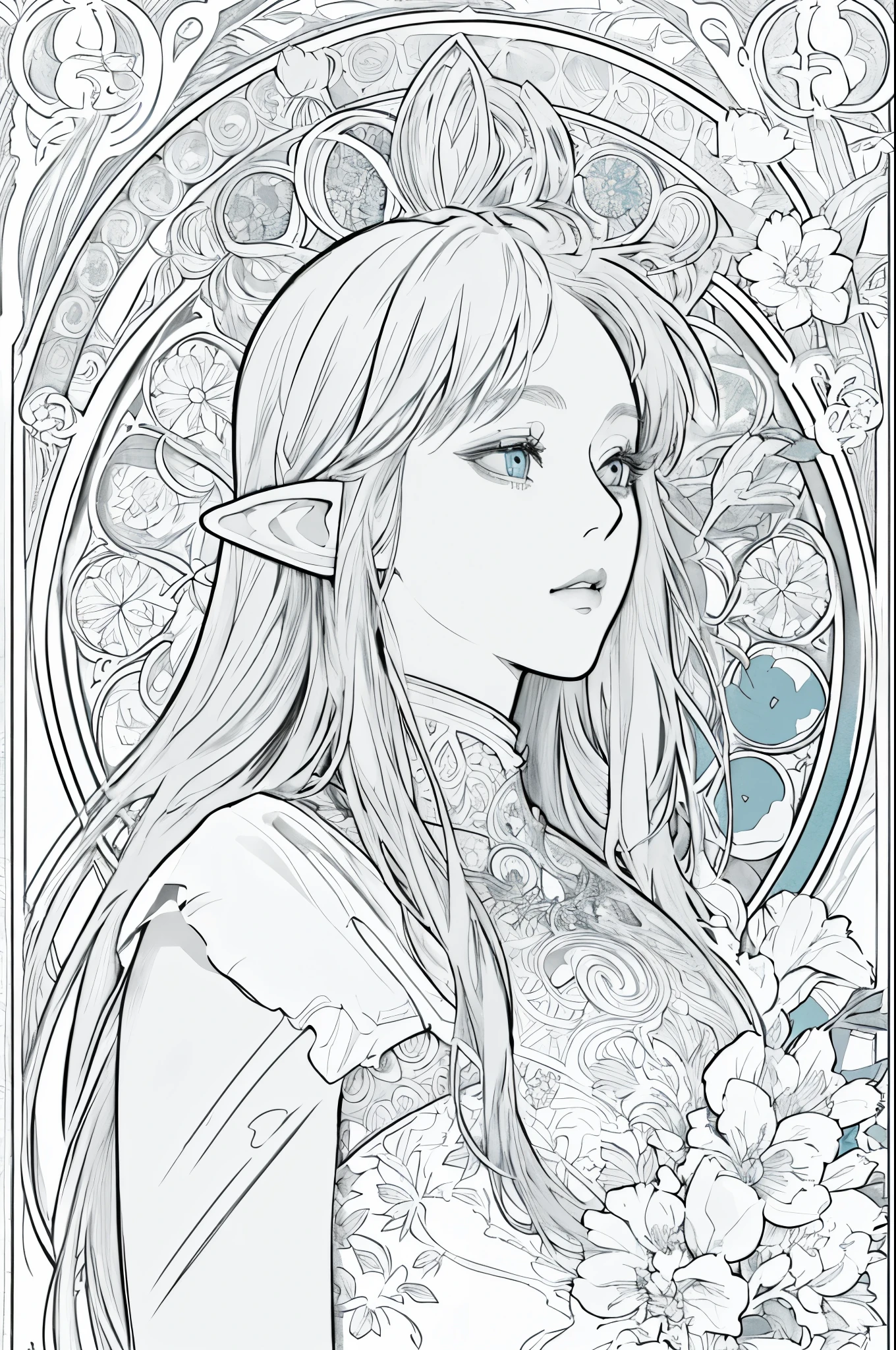 tarot cards, 1 elf girl,Portrait of the face of a European elf,shapeless long hair, shiny skin, detailed face, wearing a patterned robe, Sumeru,cloud, moon,((tarot cardsのレイアウト)),highest quality, masterpiece, (realistic:0.6), realistic lighting,flower frame, decorative panel, abstract artistic, (Alphonse Mucha) (master piece, best quality, 8k, very detailed, intricate details, 4k,Cerulean, line drawing, fibonacci.