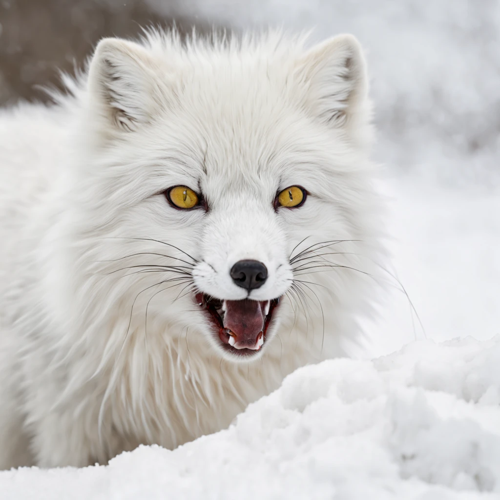 an arctic fox eating fish, arctic fox,white fur, beautiful detailed eyes and face, dirty muzzle, bloody muzzle, eats fish, hunted fish, bitten fish, imersial surroundings,snow-covered landscape, snowing, (best quality,highres),(realistic:1.37),,soft natural light,vivid colors