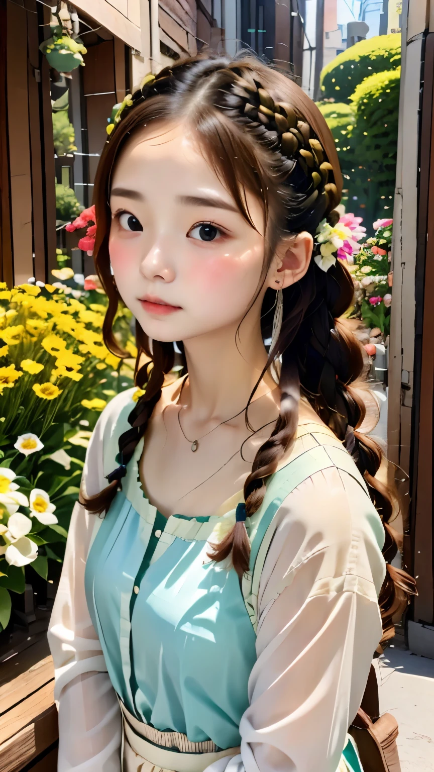 (((woman working at a flower shop、beautiful flower々:1.2、lots of flowers:1.2、flower garden flower shop:1.2)))、Gypsophila、Cat clerk、beckoning cat、cute顔、small nose、plump lips、carefully tied braids、cute、clerk serving customers、(((Blue front cover:1.2)))、Natural light、(very detailed, intricate details), sharp focus, calm colors, 8k, confused, 8mm film grain