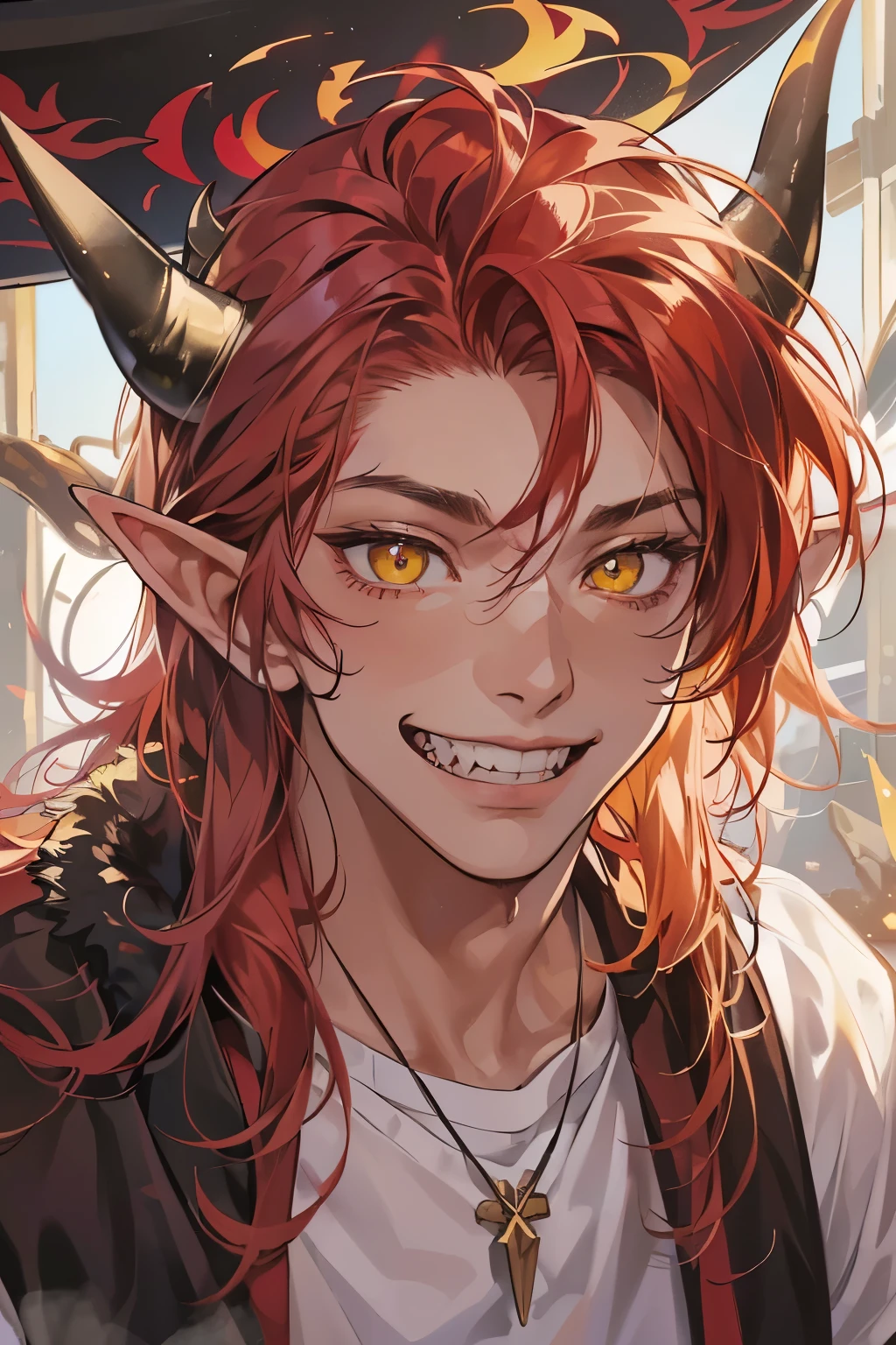 (table top, digital art, digital illustration, 4k, 8k, Super detailed, beautiful images, clear image, realistic, RAW photo, perfect face, perfect lines, perfect eyes, soft lighting) 1 male human, (redhead、long hair、amber eyes,messy hair、bullish look,Smile confidently、devil、It has two black horns on its head...、Pointed elf-like ears、32 years old:1.3),ハンサムなmale性, (White T-shirt with dowel dowel、vest、muscular、Thin macho,solid shoulder width, male:1.2),足を組んでking座に座る、king、Demon king、hair blowing in the wind、Healthy tanned skin、desert oasis、1guy , dark skin,pointy ears, phairs between eyes,ahoge,(stubble:0.5), red hair and horns on his head , ((handsome)), ((red long hair),(black cow horns),((yellow eyes)), (sharp years), fur vest,fur_trim,white T-shirts,burgundy cargo pants, solo focus, wry smile,