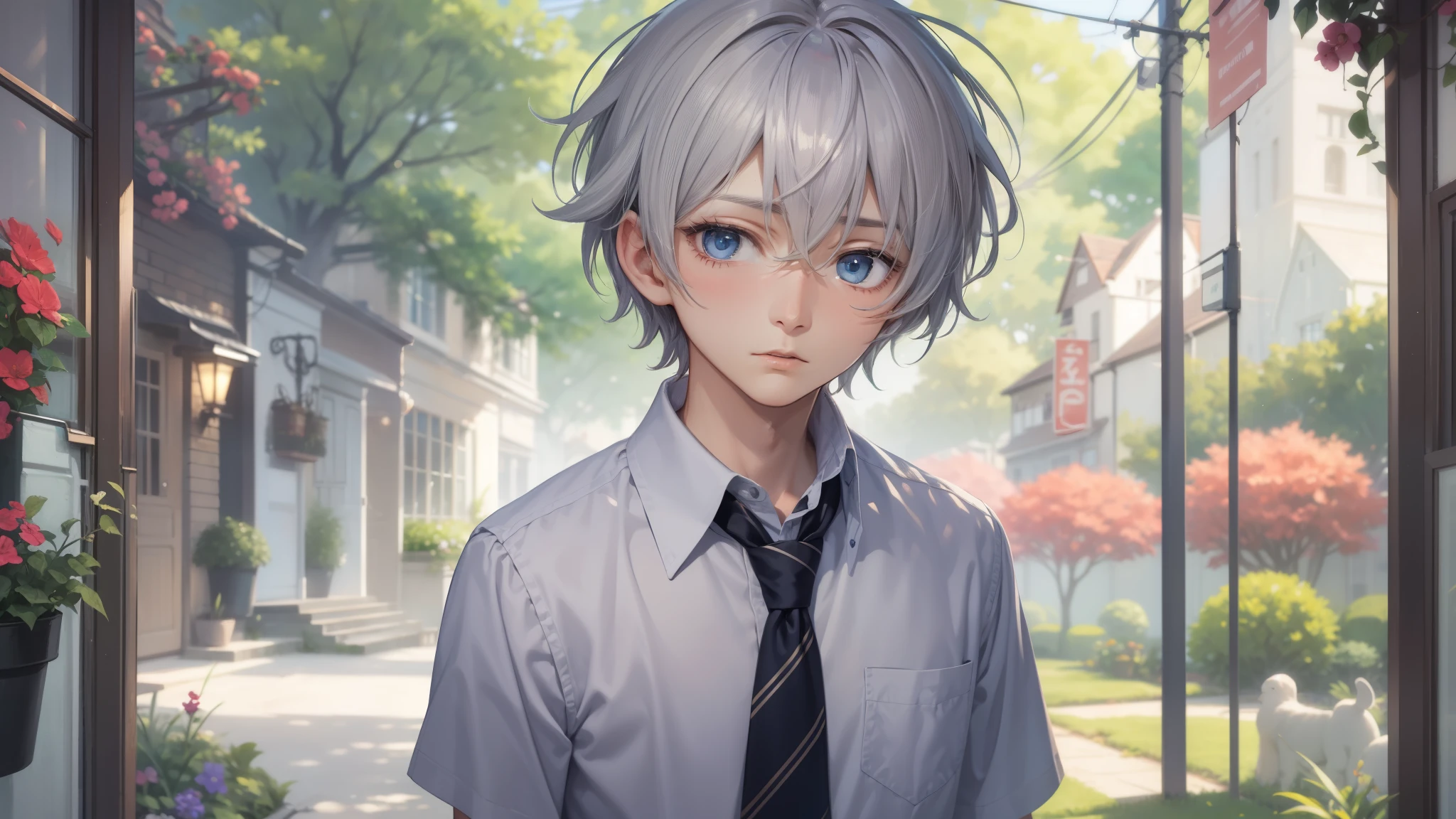 best quality, masterpiece, an 18 year old boy, gray short hair, blue eyes, The expression is firm, standing in the garden