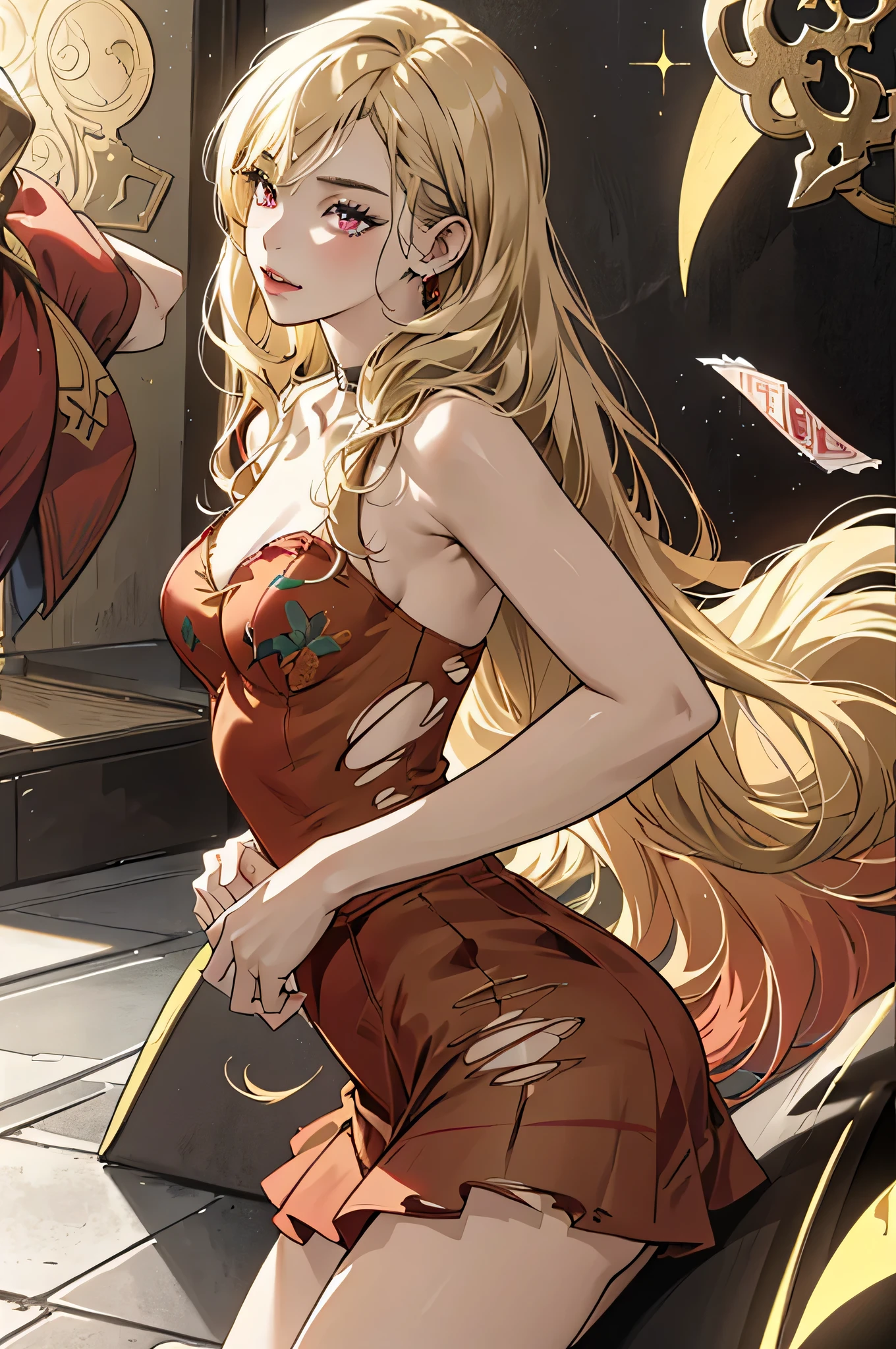 (masterpiece, top quality, best quality, official art, beautiful and aesthetic:1.2), young (1girl:1.3), (wearing torn red dress:1.3), (blonde:1.3) hair, long hair, (colorful eyes:1.3), extremely detailed, colorful, (highly detailed CG illustration), (looking at viewer), cinematic light, solo, half body, (character focus), ),Cath, extravagant makeup, full lips, sexy pose, clothes ASIDE , used condoms, partially naked, shiny skin, red lingerie