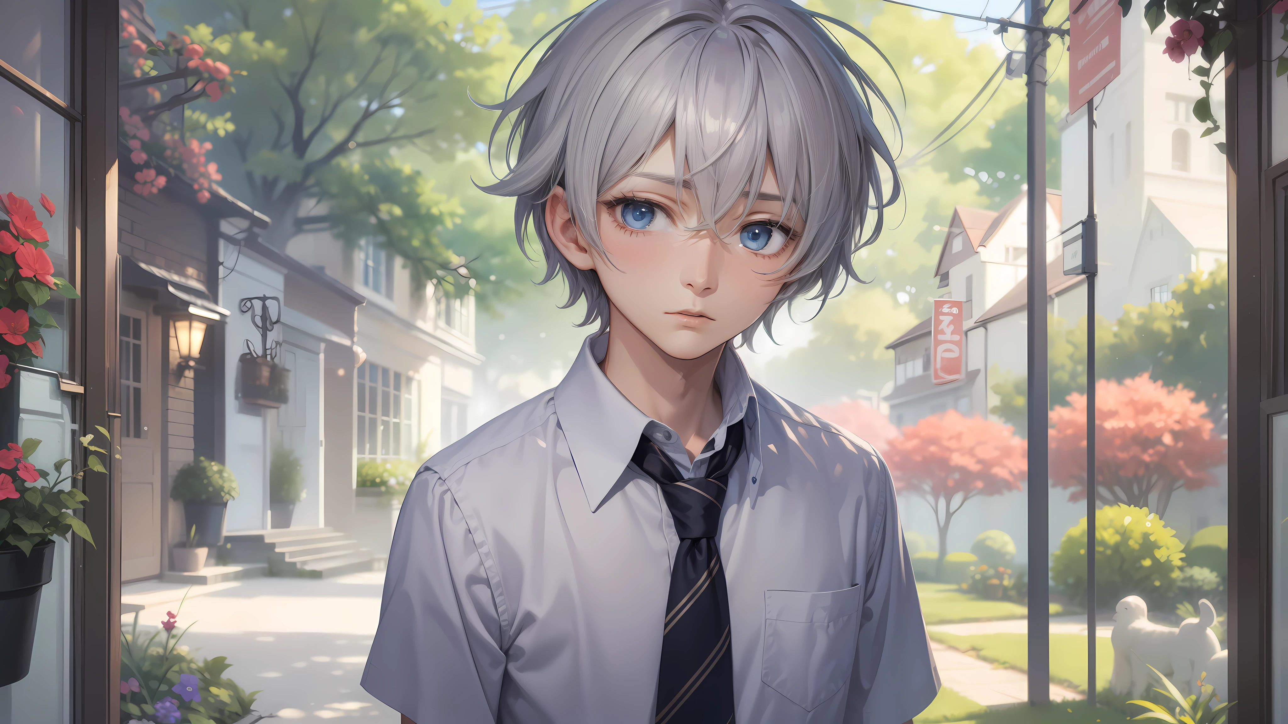 best quality, masterpiece, an 18 year old boy, gray short hair, blue eyes, The expression is firm, Standing in the garden