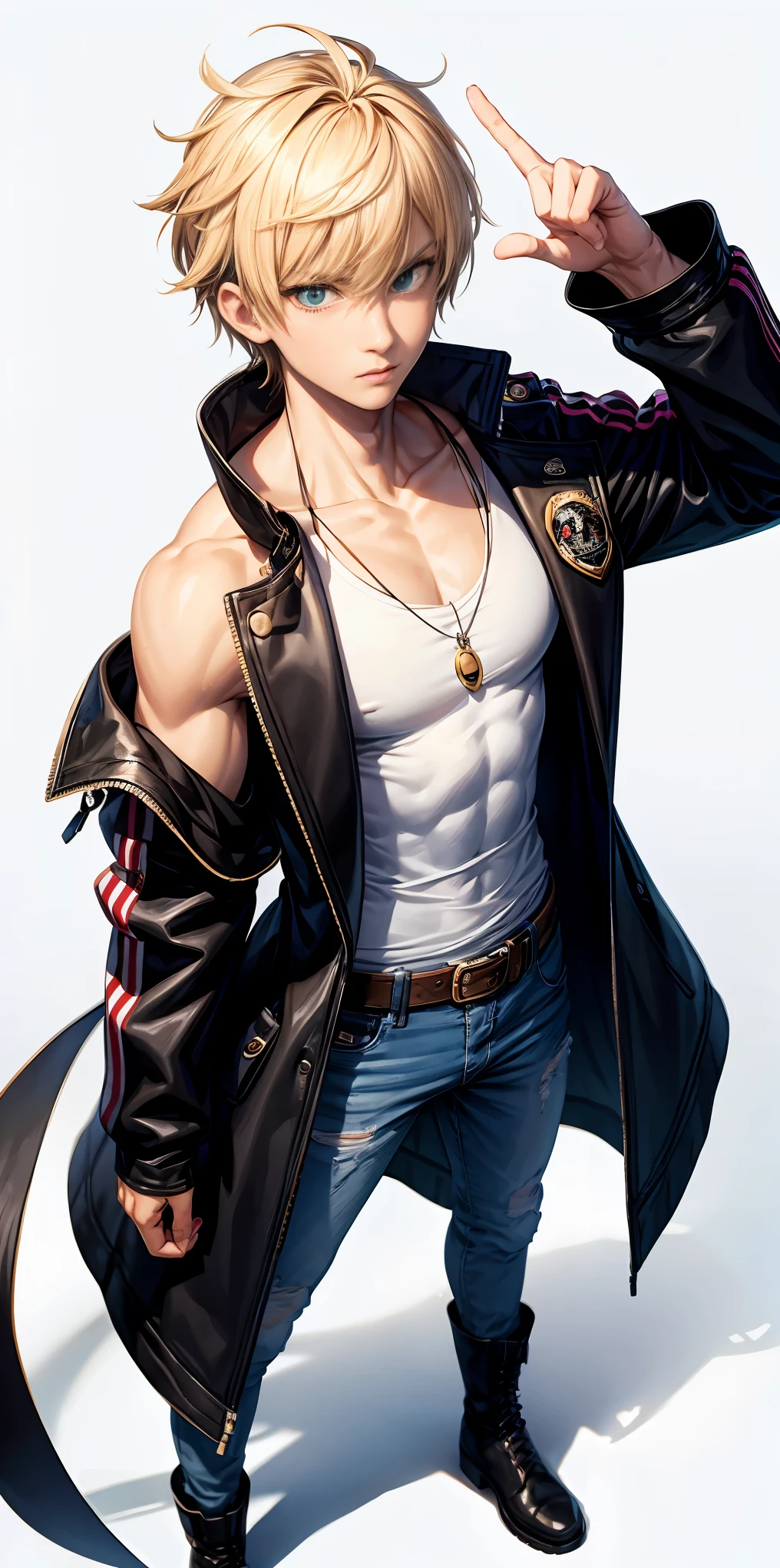 masterpiece:1.2, high quality, best quality, white background, Tall, Leggy, Slim, Abs, stadium jacket, tank top, Jeans, belt, Green eyes ,blonde hair, Black colored inner hair, two-block cut hair, thick hair, Open stadium jacket, boots, fighting pose, shoot from above, scowl,1 boy, full body