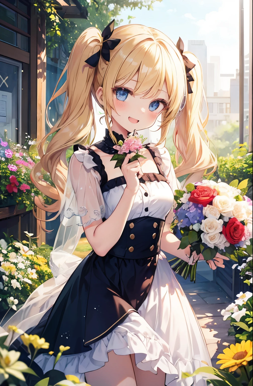 blonde blue eyes、 girl、small breasts、twin tails、laughter、Nico Nico Smile、cute personal clothes、winking、 girl、Looks like a 15 year old、Petan Musume、short、holding a bouquet、flower garden