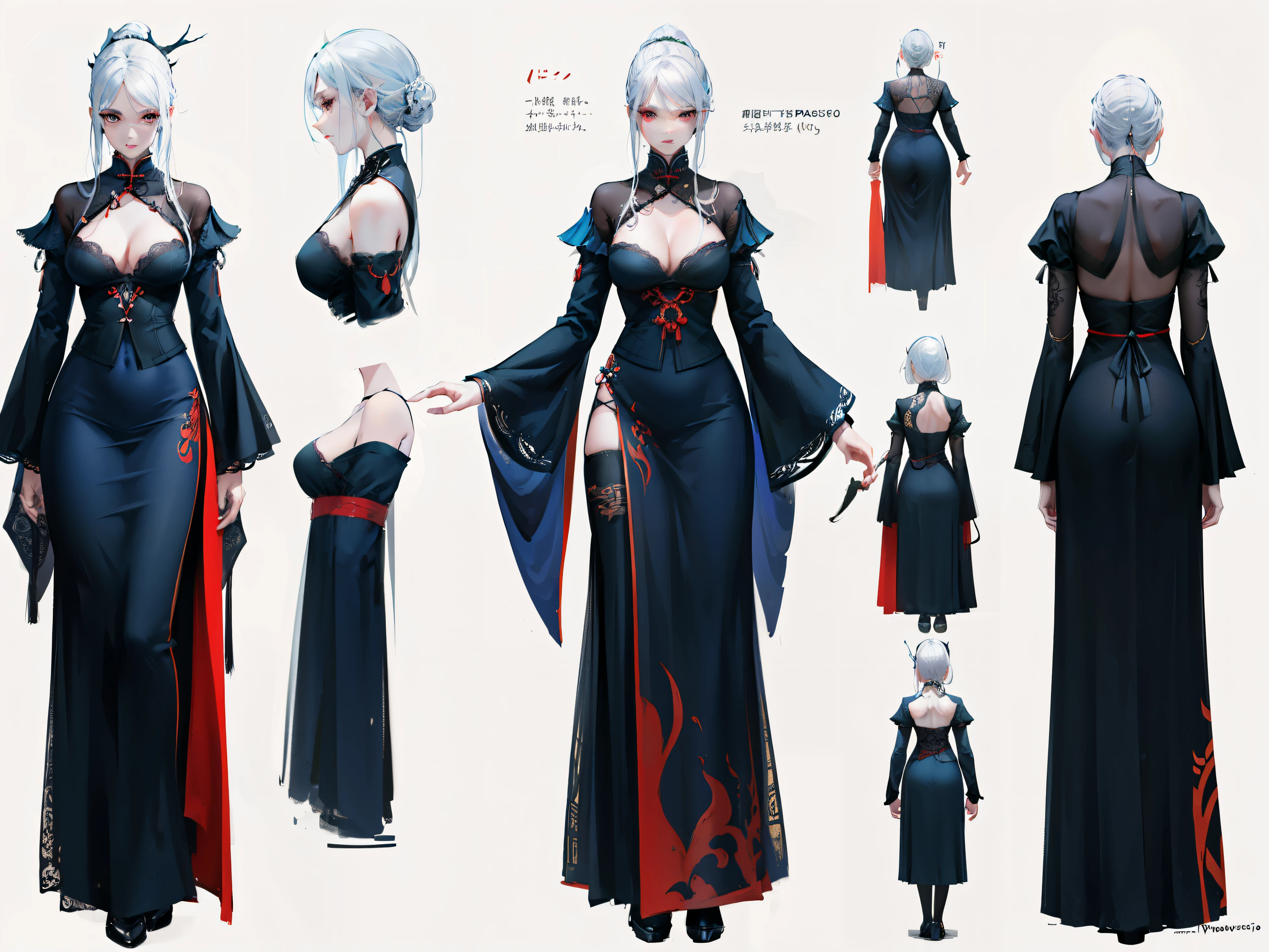 character table, beauty. perfect face, 6ft 5 tall woman. long white hair. red eyes. Build the perfect body, character design sheet,Professional witch,Gothic skirt,Full body female love, full of details, Front view, behind the scenes view, side view, Chinese traditional clothing front and back. Hydro Vision. ((masterpiece, best quality)), Detailed face, character design sheet, whole body esbian, full of details, body positivity, behind the scenes view, Very detailed, depth, many parts,